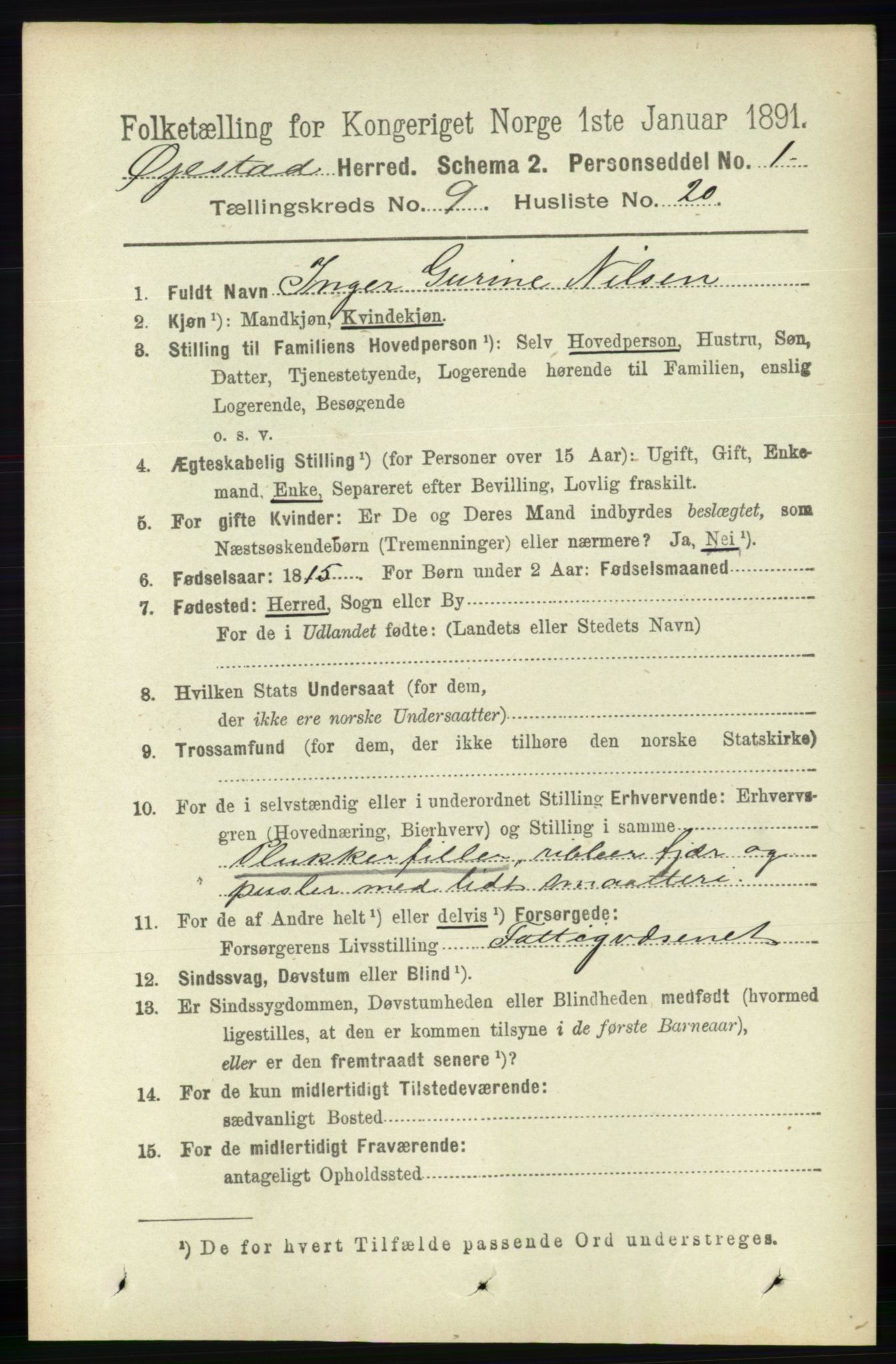 RA, 1891 census for 0920 Øyestad, 1891, p. 3662