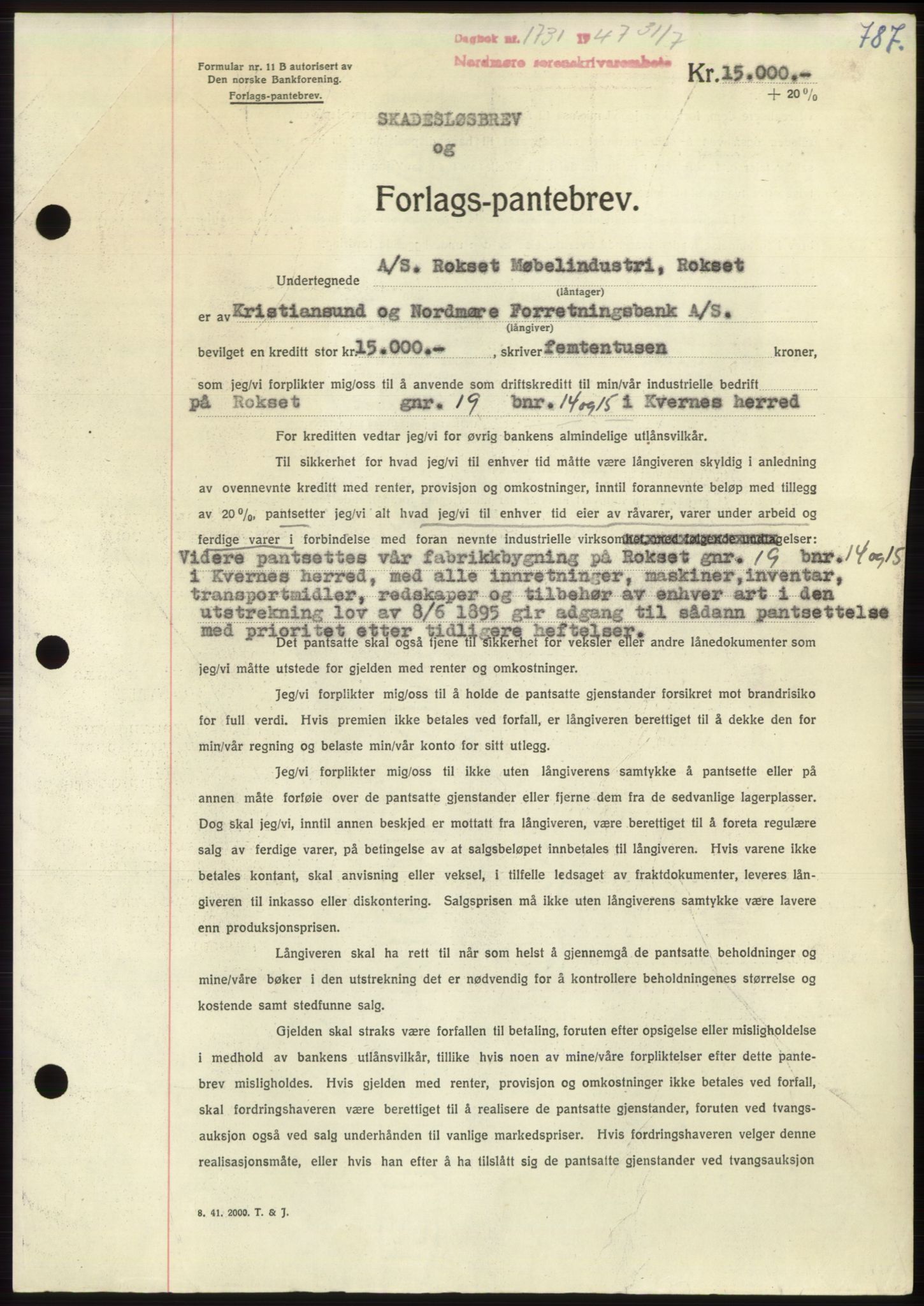 Nordmøre sorenskriveri, AV/SAT-A-4132/1/2/2Ca: Mortgage book no. B96, 1947-1947, Diary no: : 1731/1947