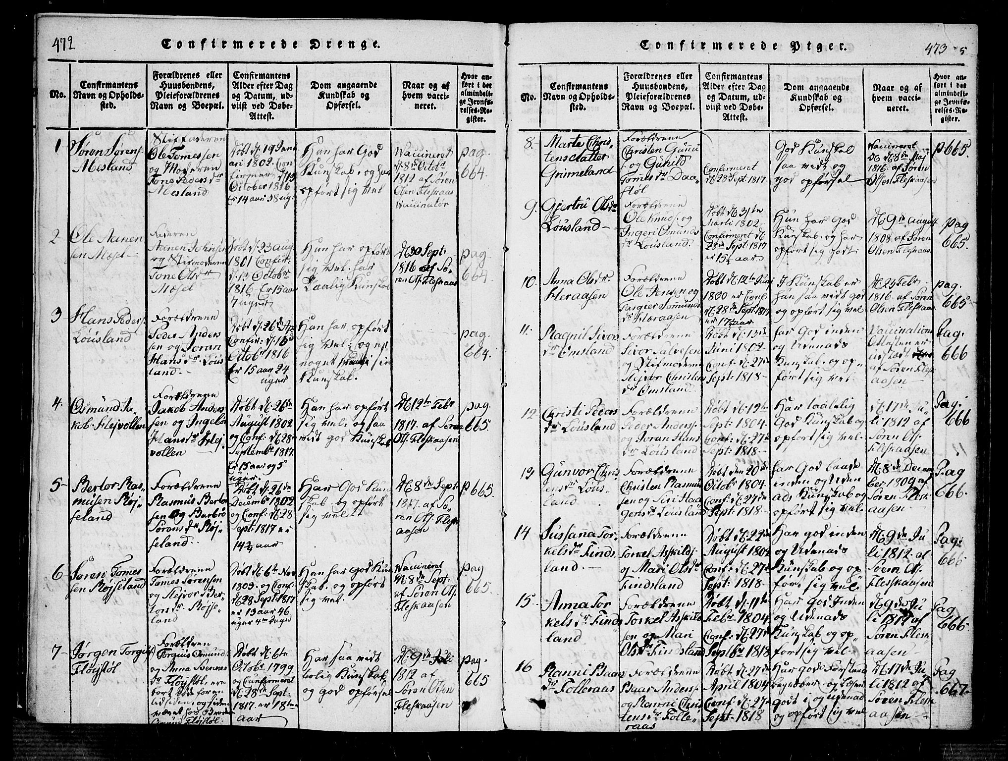 Bjelland sokneprestkontor, SAK/1111-0005/F/Fa/Fab/L0002: Parish register (official) no. A 2, 1816-1869, p. 472-473