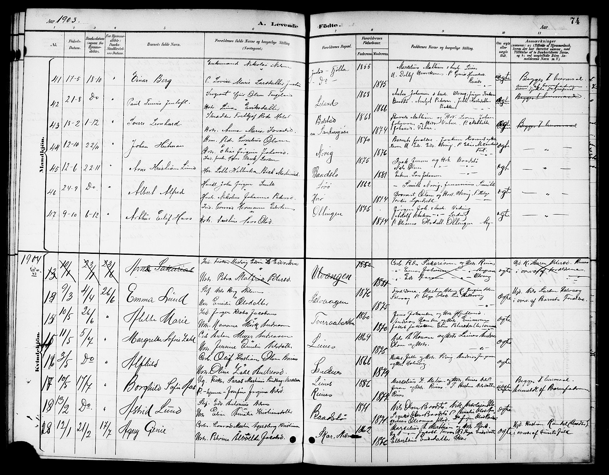Ministerialprotokoller, klokkerbøker og fødselsregistre - Nordland, SAT/A-1459/831/L0478: Parish register (copy) no. 831C05, 1892-1909, p. 74