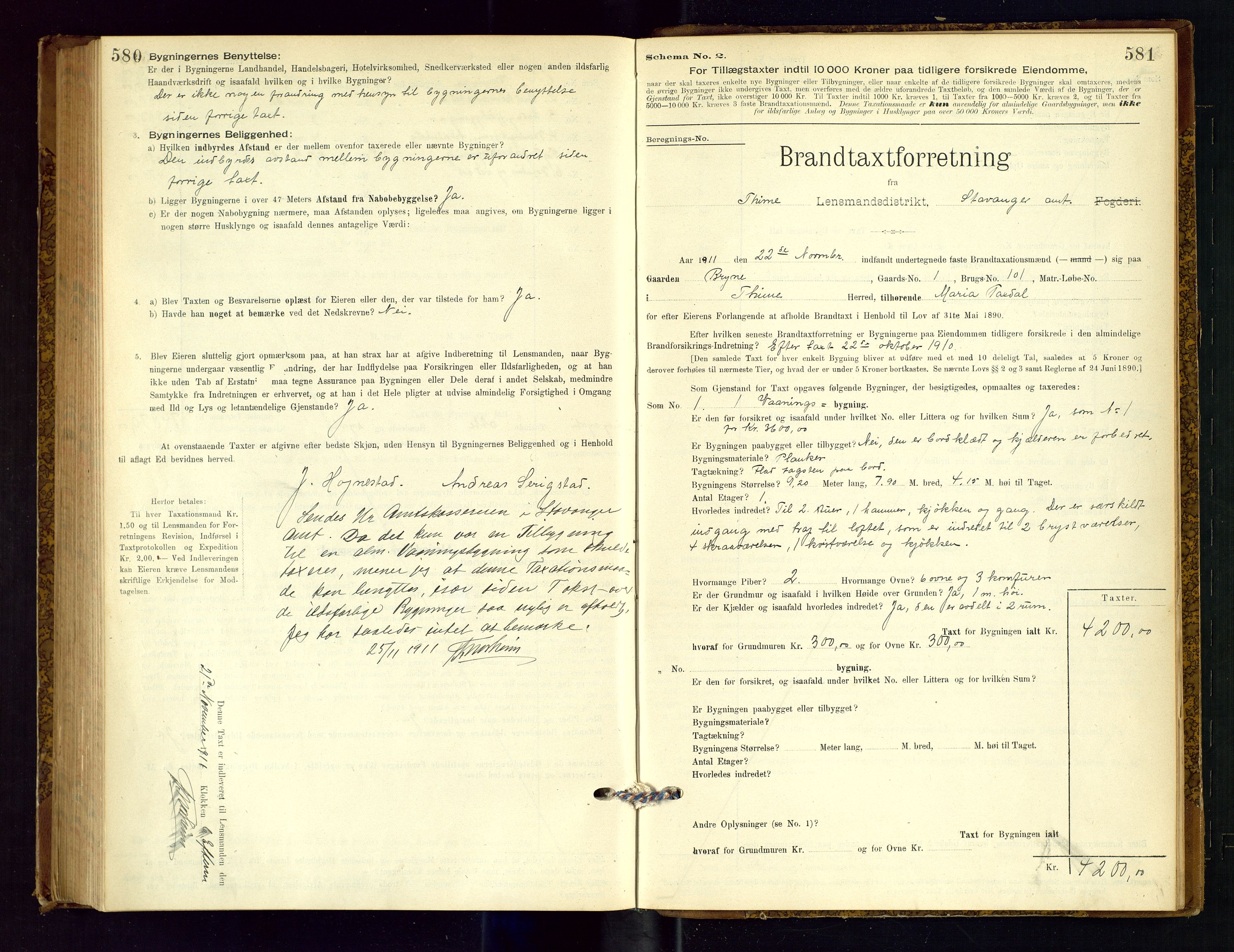 Time lensmannskontor, AV/SAST-A-100420/Gob/L0001: Branntakstprotokoll, 1896-1914, p. 580-581