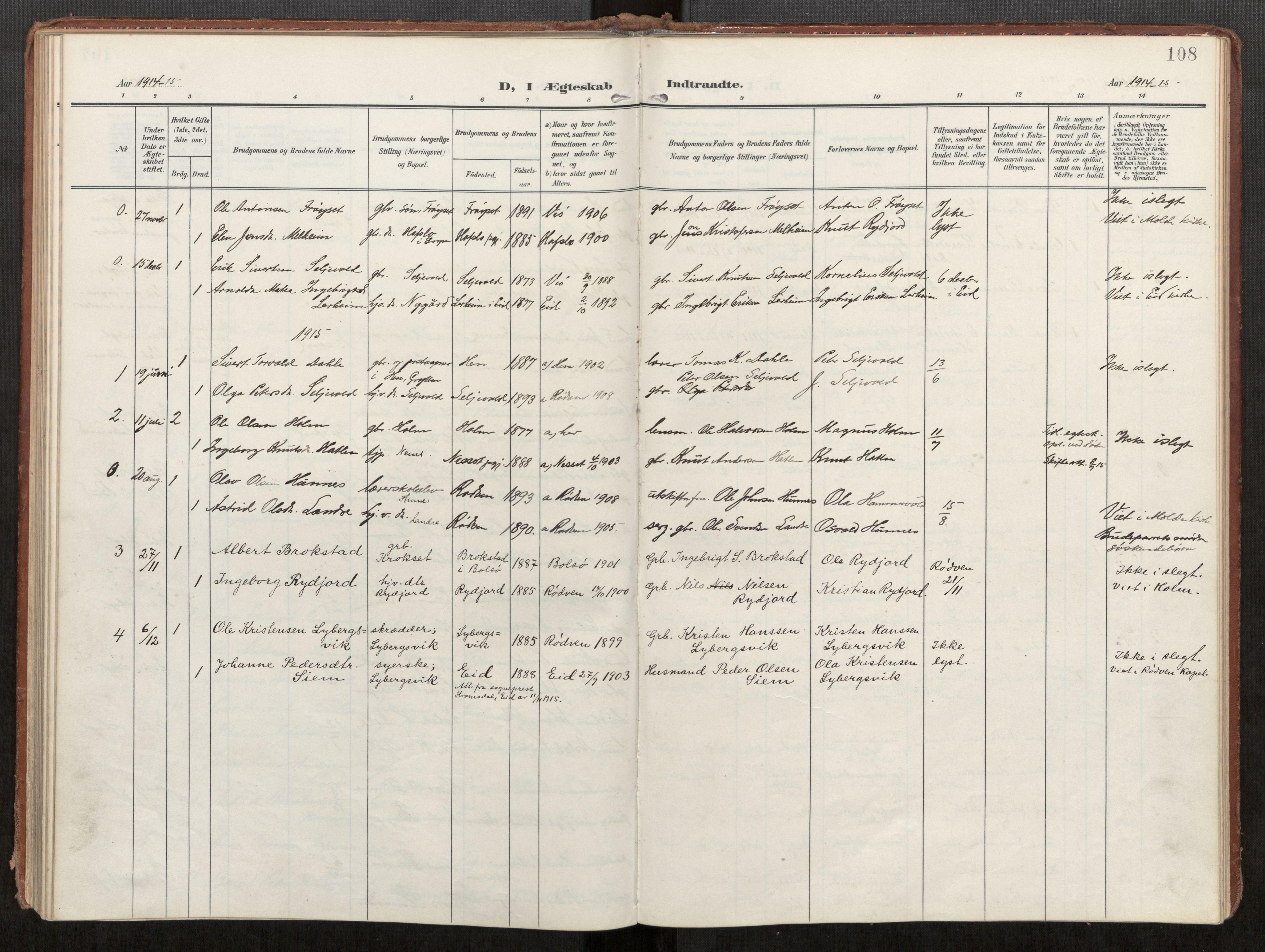 Ministerialprotokoller, klokkerbøker og fødselsregistre - Møre og Romsdal, SAT/A-1454/549/L0618: Parish register (official) no. 549A01, 1906-1927, p. 108