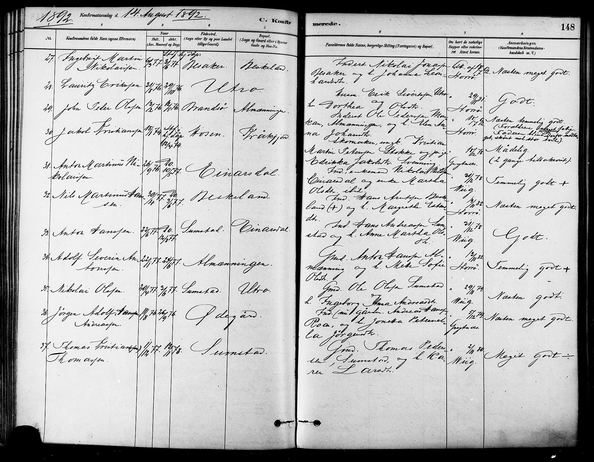 Ministerialprotokoller, klokkerbøker og fødselsregistre - Sør-Trøndelag, AV/SAT-A-1456/657/L0707: Parish register (official) no. 657A08, 1879-1893, p. 148