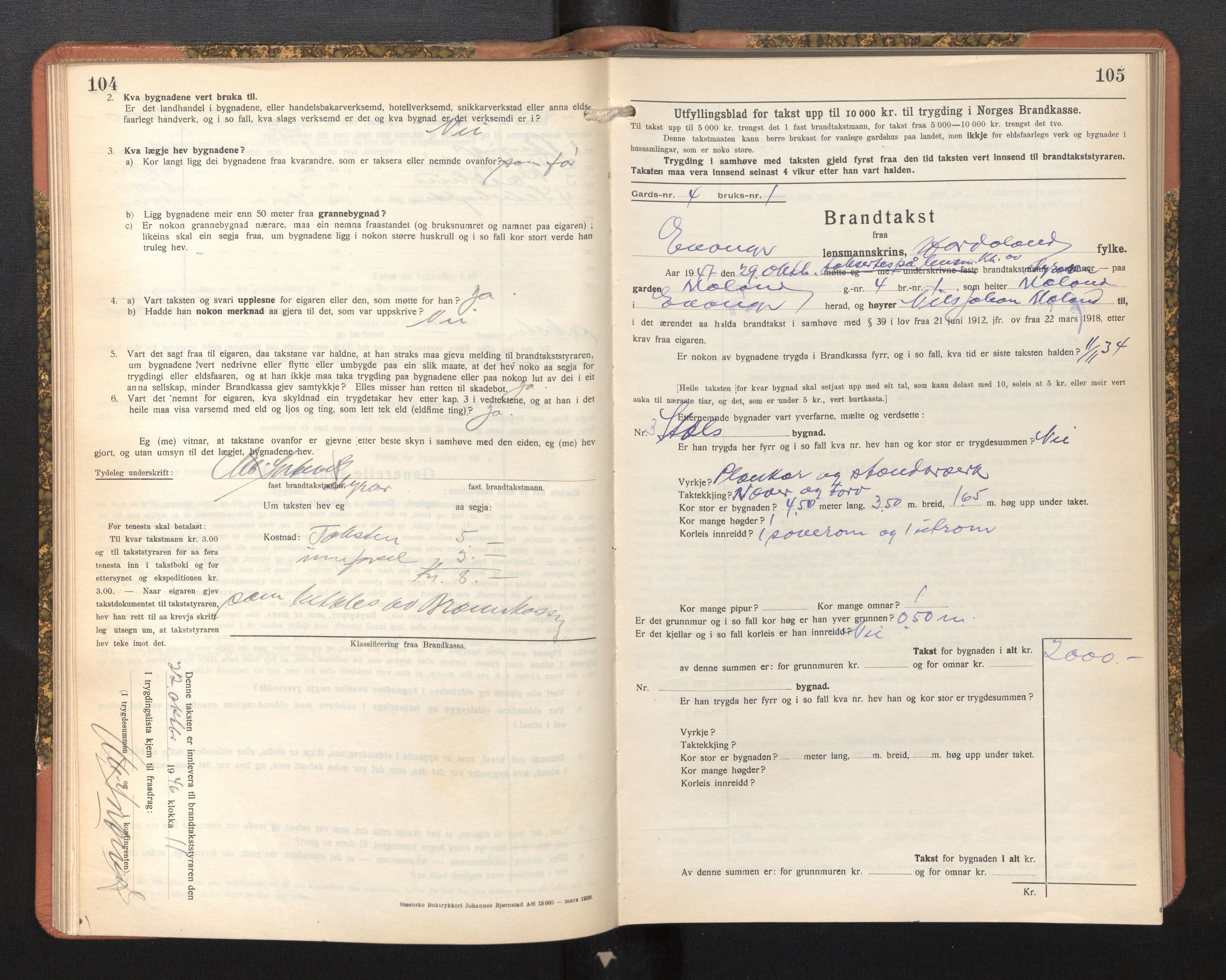 Lensmannen i Evanger, SAB/A-31701/0012/L0006: Branntakstprotokoll, skjematakst, 1936-1955, p. 104-105