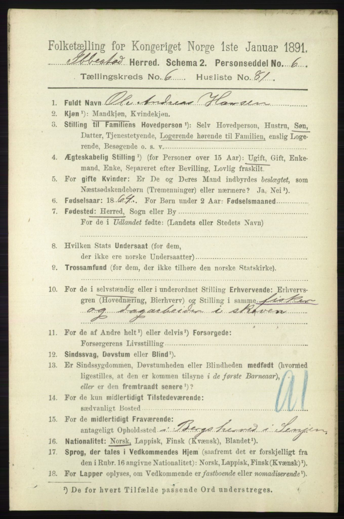 RA, 1891 census for 1917 Ibestad, 1891, p. 4039