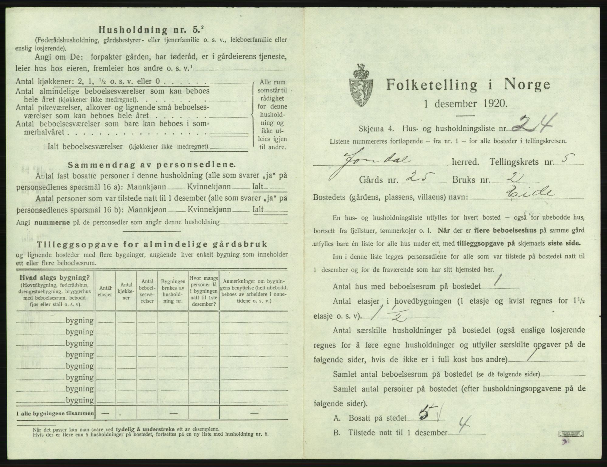 SAB, 1920 census for Jondal, 1920, p. 395