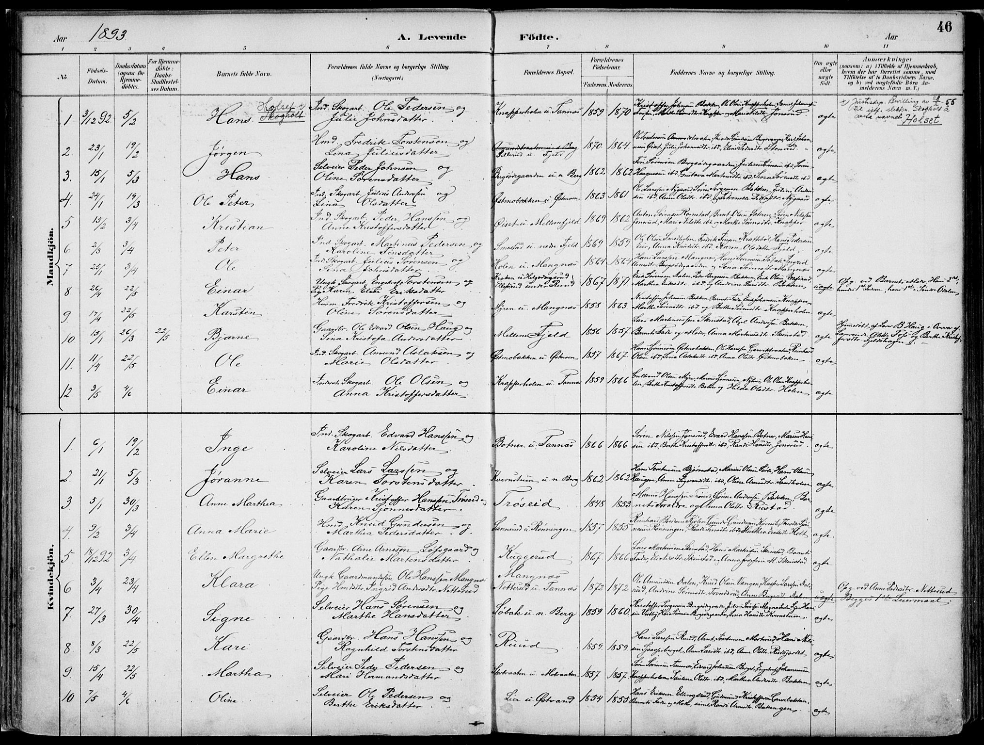 Nord-Odal prestekontor, AV/SAH-PREST-032/H/Ha/Haa/L0008: Parish register (official) no. 8, 1886-1901, p. 46