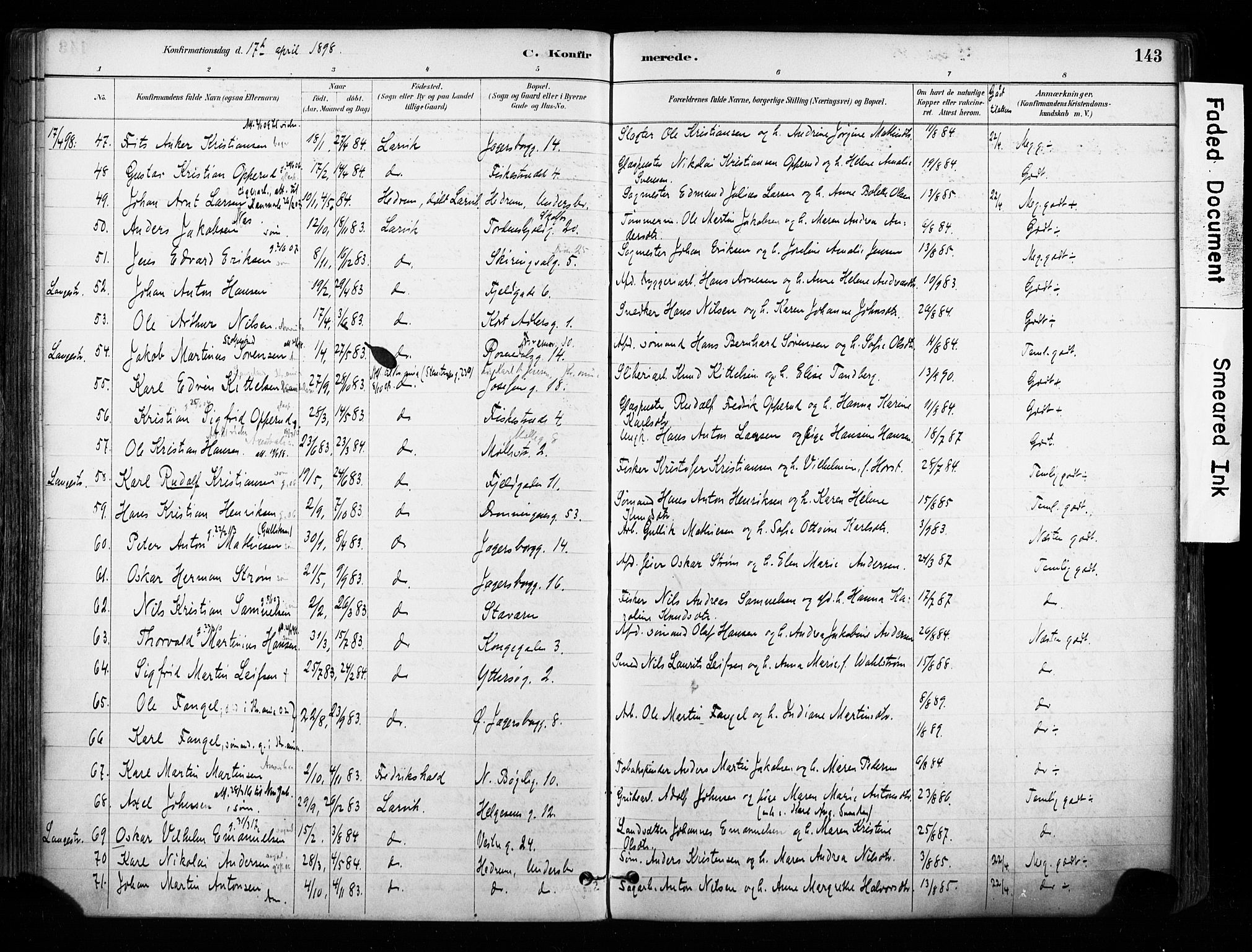 Larvik kirkebøker, AV/SAKO-A-352/F/Fa/L0008: Parish register (official) no. I 8, 1884-1902, p. 143