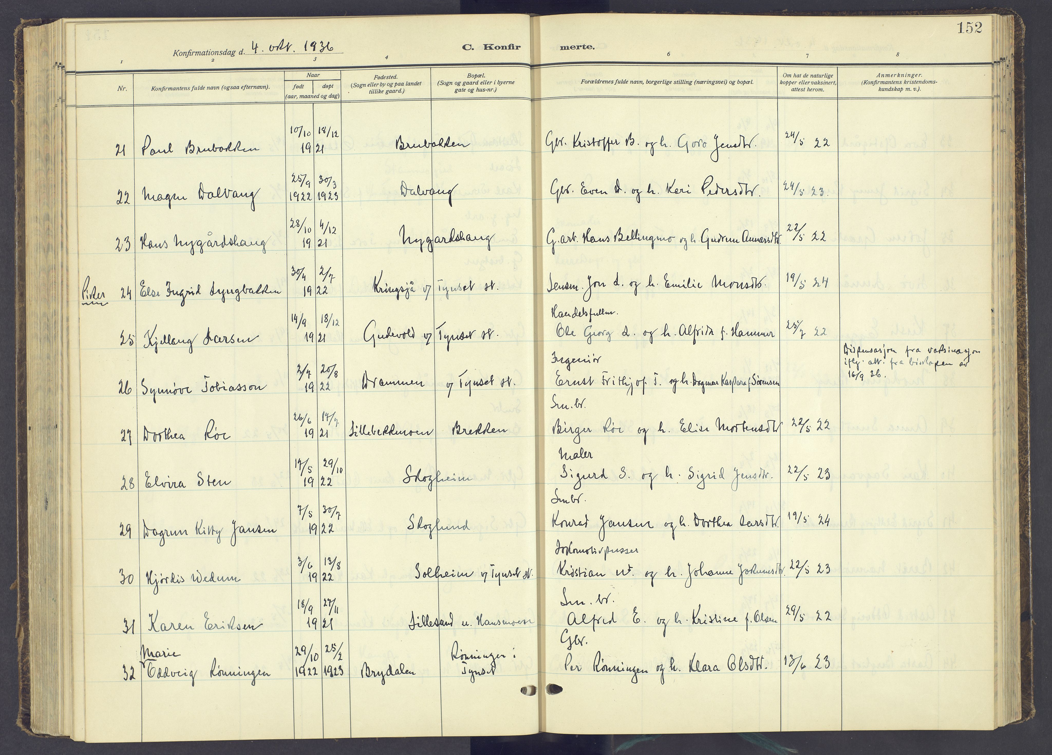 Tynset prestekontor, AV/SAH-PREST-058/H/Ha/Haa/L0027: Parish register (official) no. 27, 1930-1944, p. 152