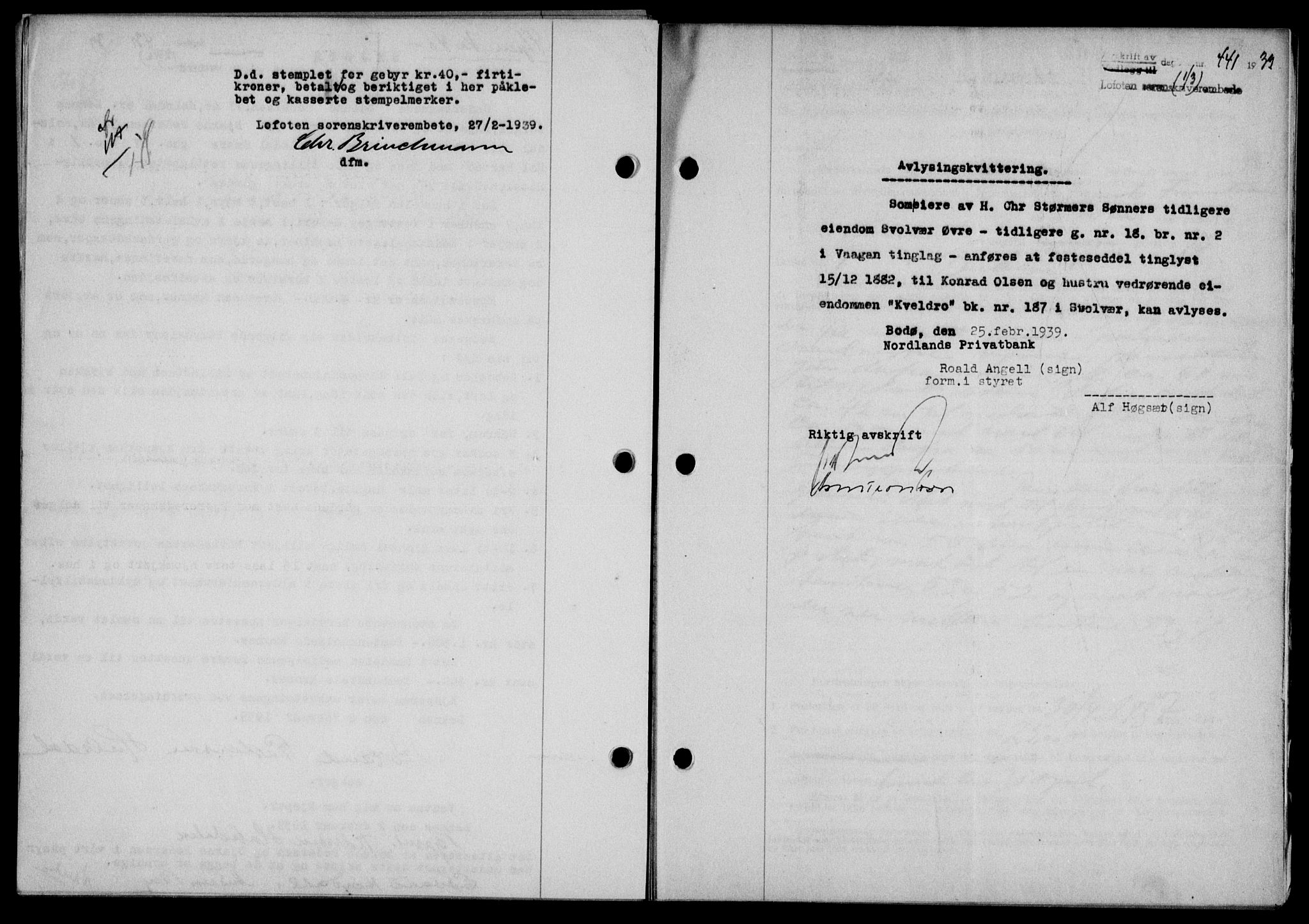 Lofoten sorenskriveri, SAT/A-0017/1/2/2C/L0005a: Mortgage book no. 5a, 1939-1939, Diary no: : 441/1939