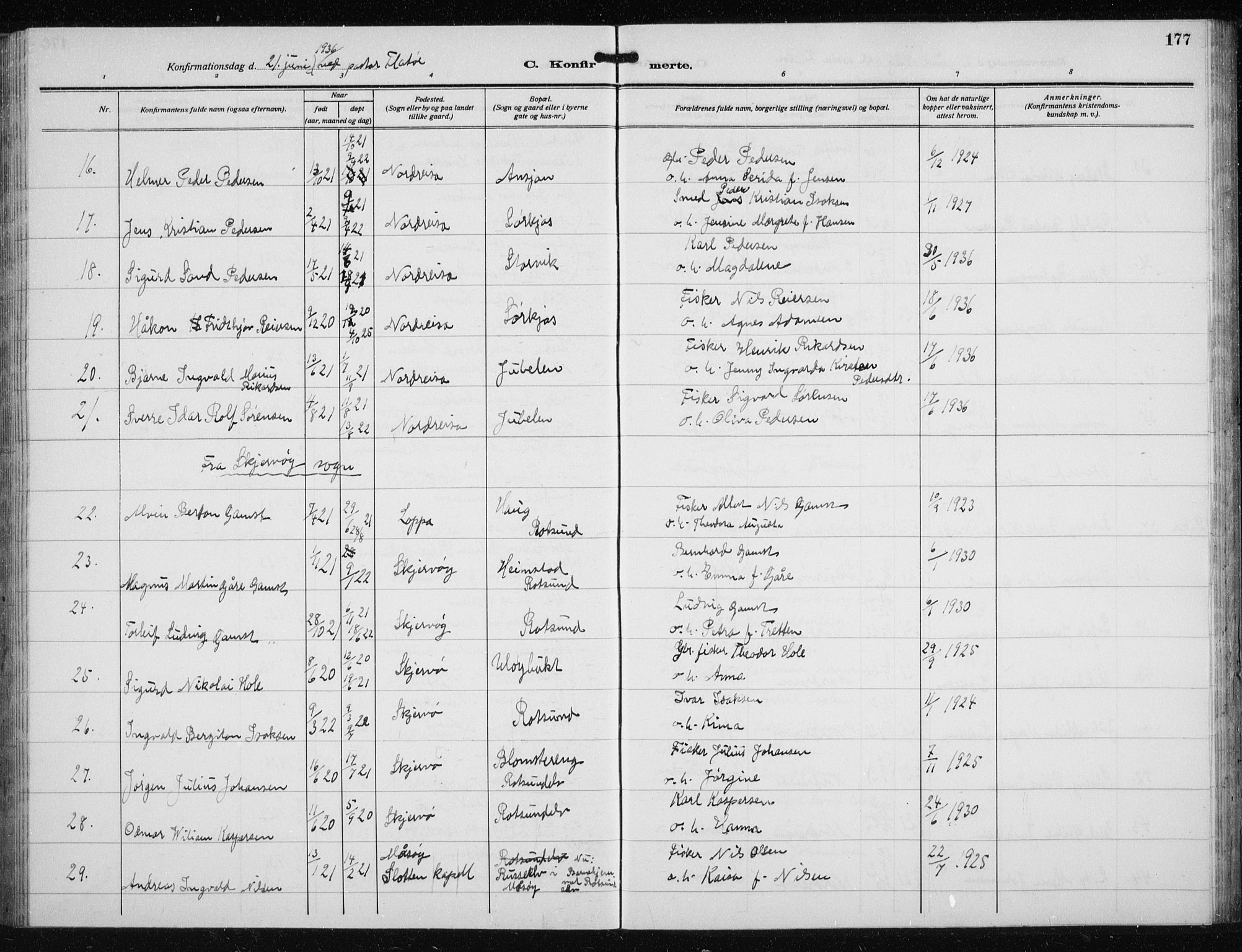 Skjervøy sokneprestkontor, AV/SATØ-S-1300/H/Ha/Hab/L0023klokker: Parish register (copy) no. 23, 1927-1943, p. 177