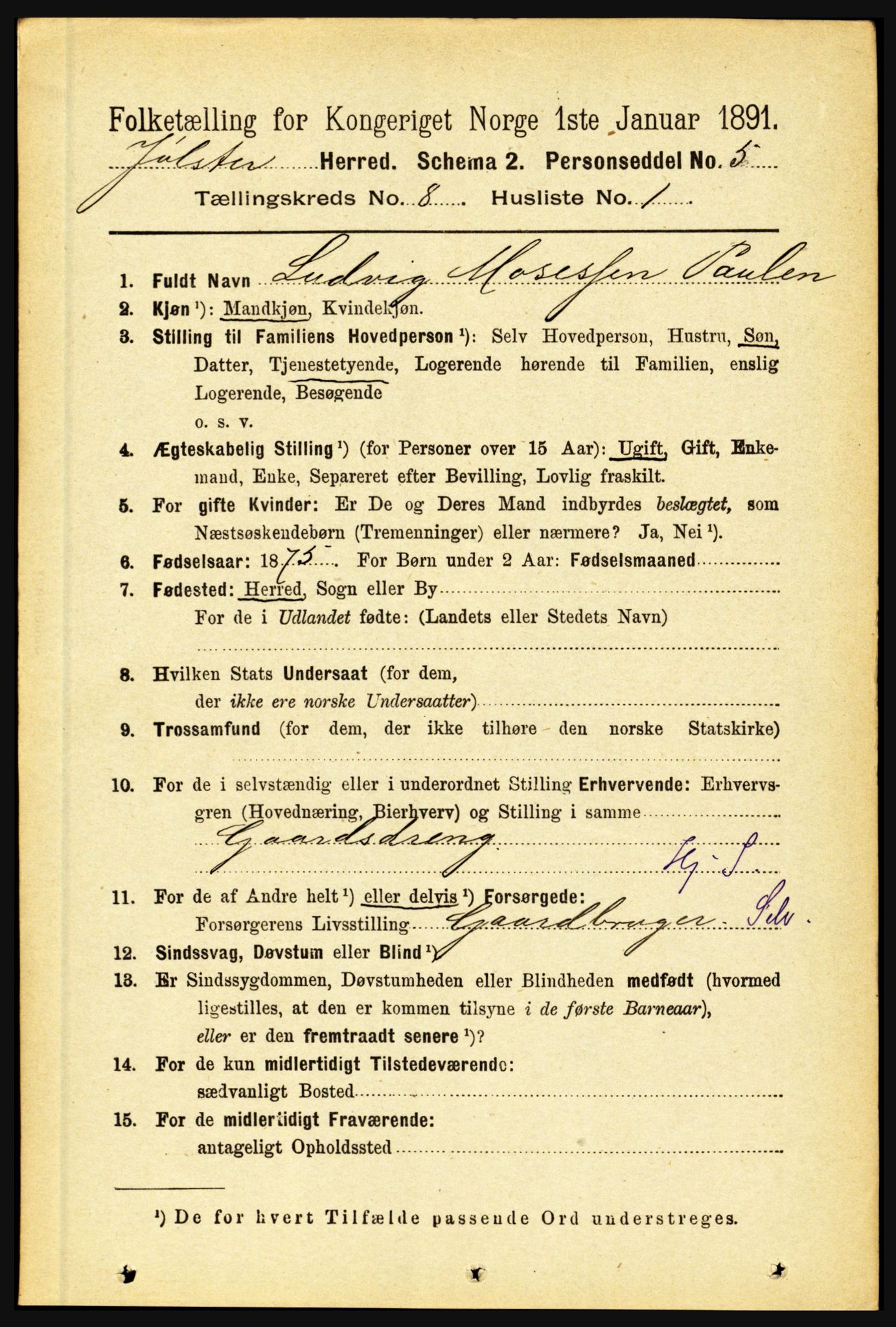 RA, 1891 census for 1431 Jølster, 1891, p. 2807