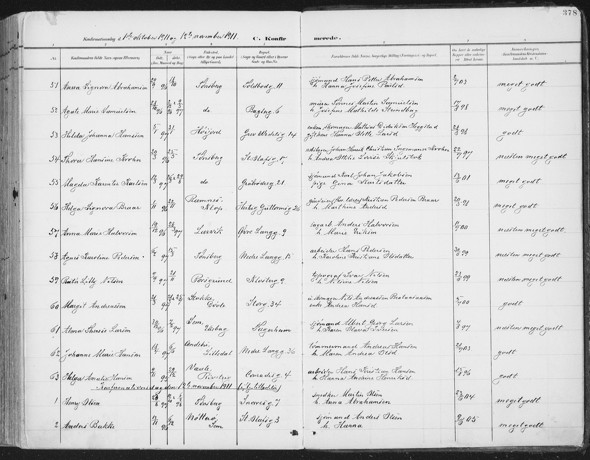 Tønsberg kirkebøker, SAKO/A-330/F/Fa/L0014: Parish register (official) no. I 14, 1900-1913, p. 378