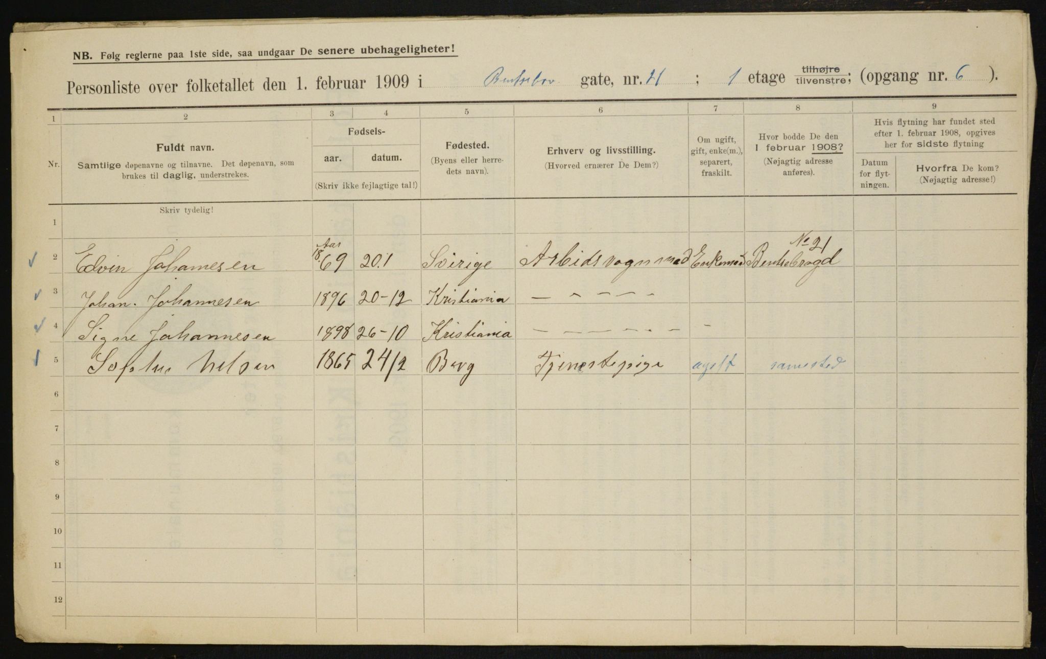 OBA, Municipal Census 1909 for Kristiania, 1909, p. 3226