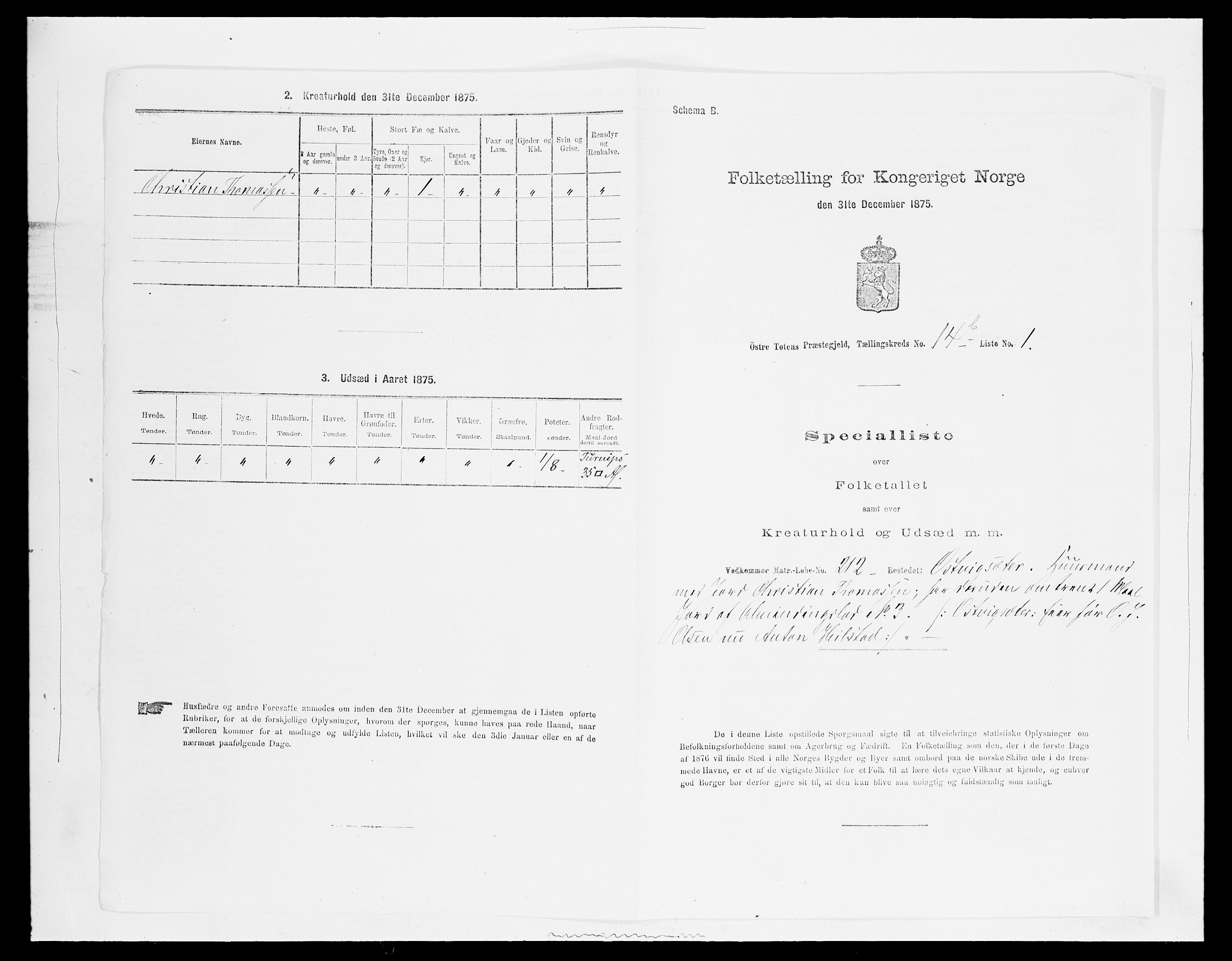 SAH, 1875 census for 0528P Østre Toten, 1875, p. 2625