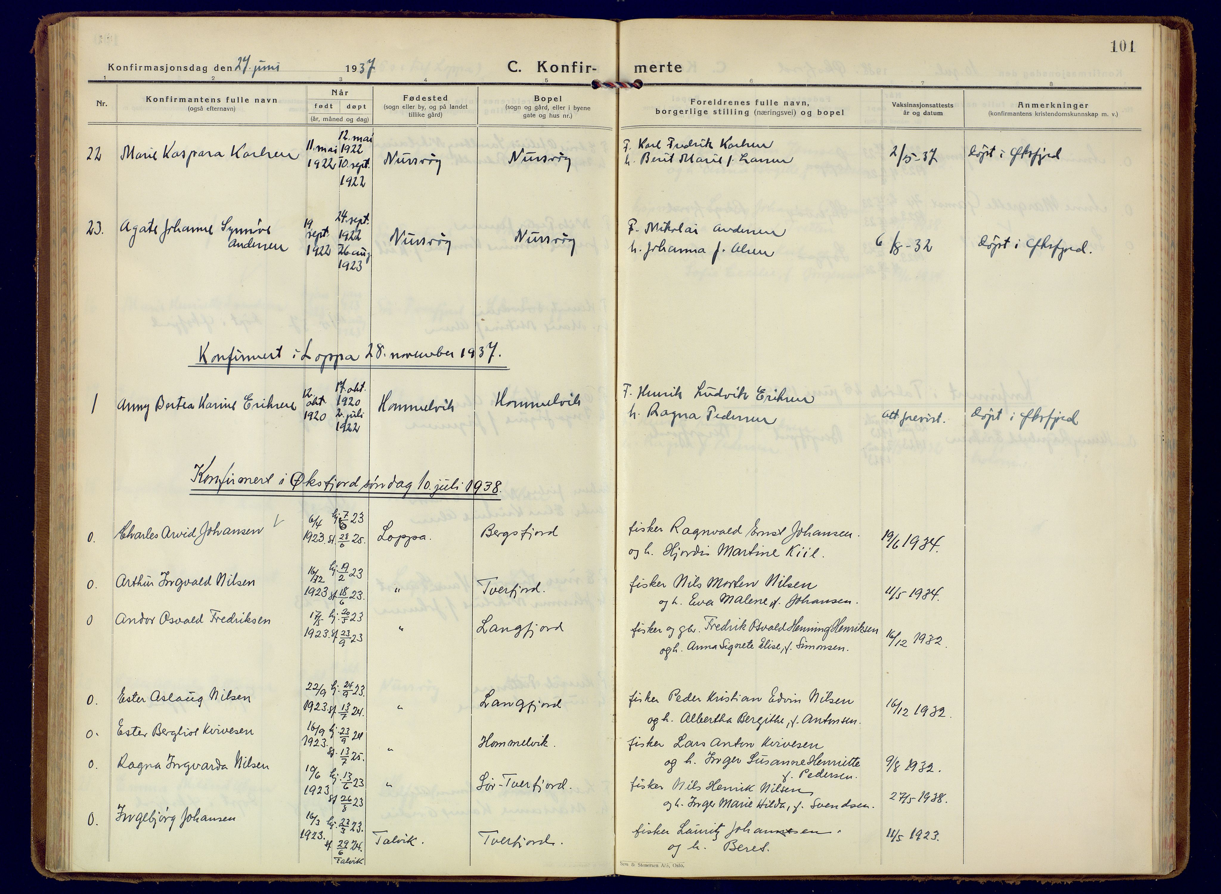 Loppa sokneprestkontor, SATØ/S-1339/H/Ha/L0014kirke: Parish register (official) no. 14, 1933-1942, p. 101