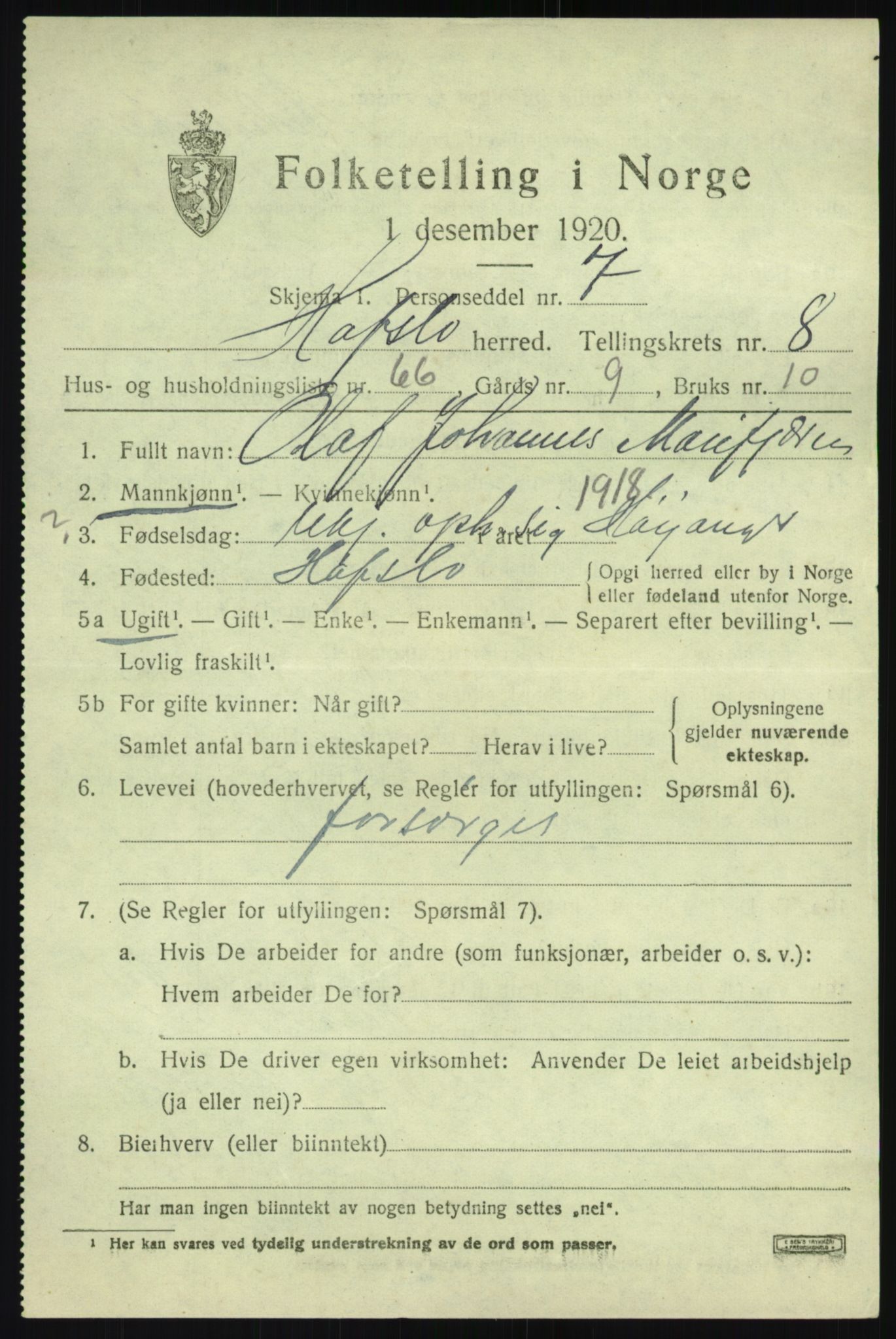 SAB, 1920 census for Hafslo, 1920, p. 6318