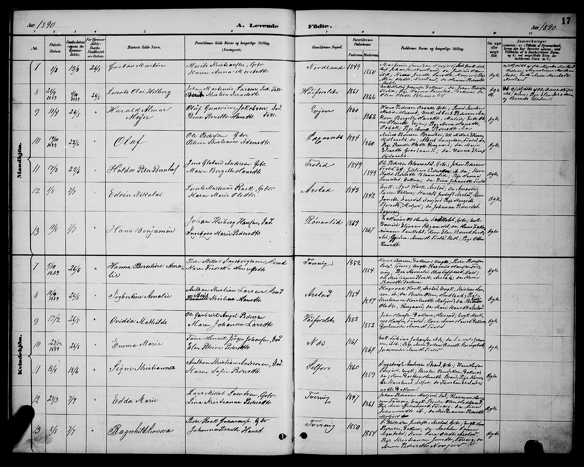 Ministerialprotokoller, klokkerbøker og fødselsregistre - Nordland, AV/SAT-A-1459/846/L0654: Parish register (copy) no. 846C04, 1887-1901, p. 17