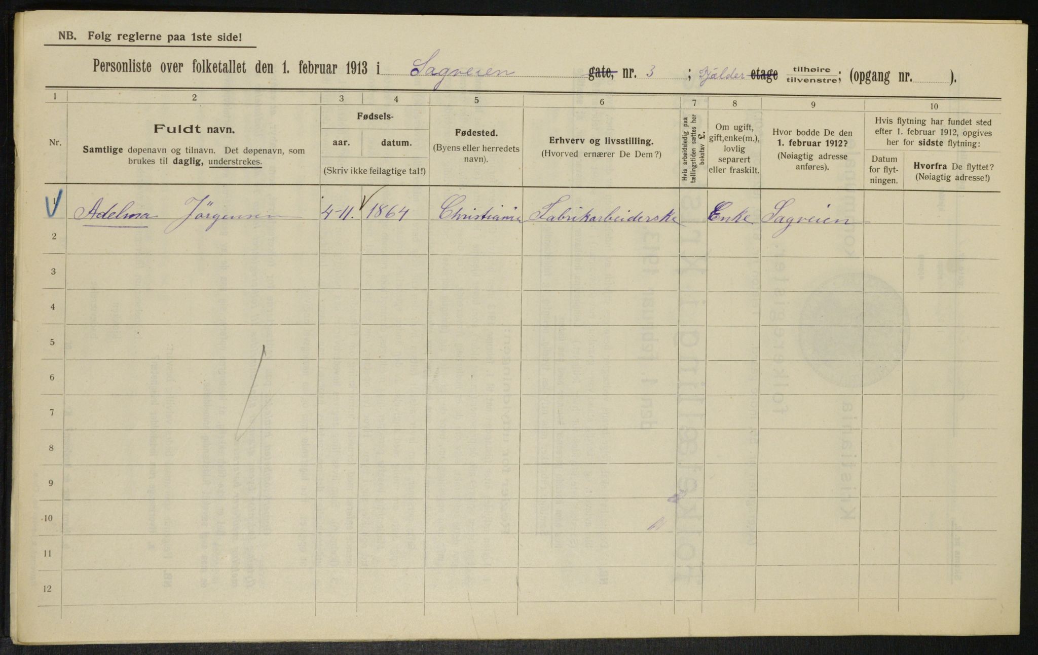 OBA, Municipal Census 1913 for Kristiania, 1913, p. 86425