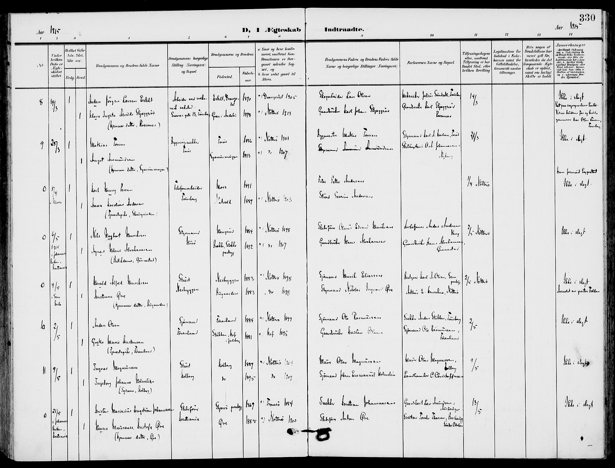 Nøtterøy kirkebøker, AV/SAKO-A-354/F/Fa/L0010: Parish register (official) no. I 10, 1908-1919, p. 330