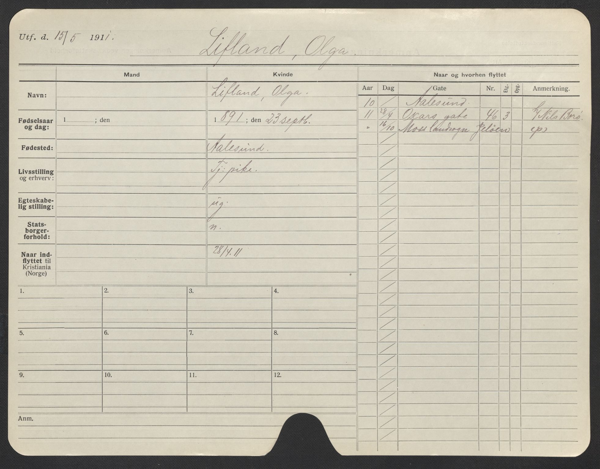 Oslo folkeregister, Registerkort, SAO/A-11715/F/Fa/Fac/L0020: Kvinner, 1906-1914, p. 101a