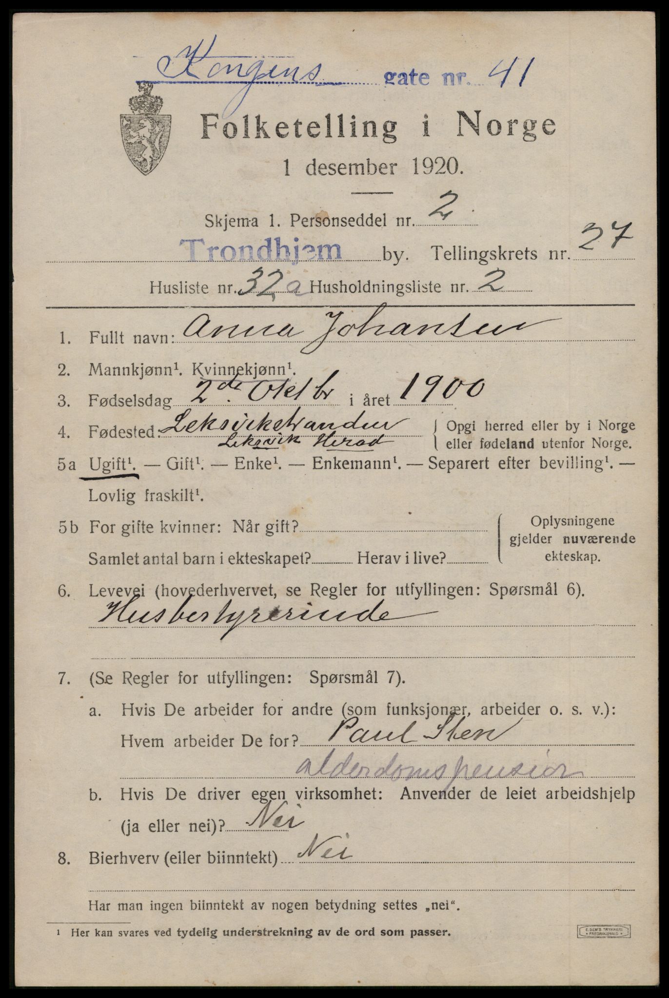 SAT, 1920 census for Trondheim, 1920, p. 69180