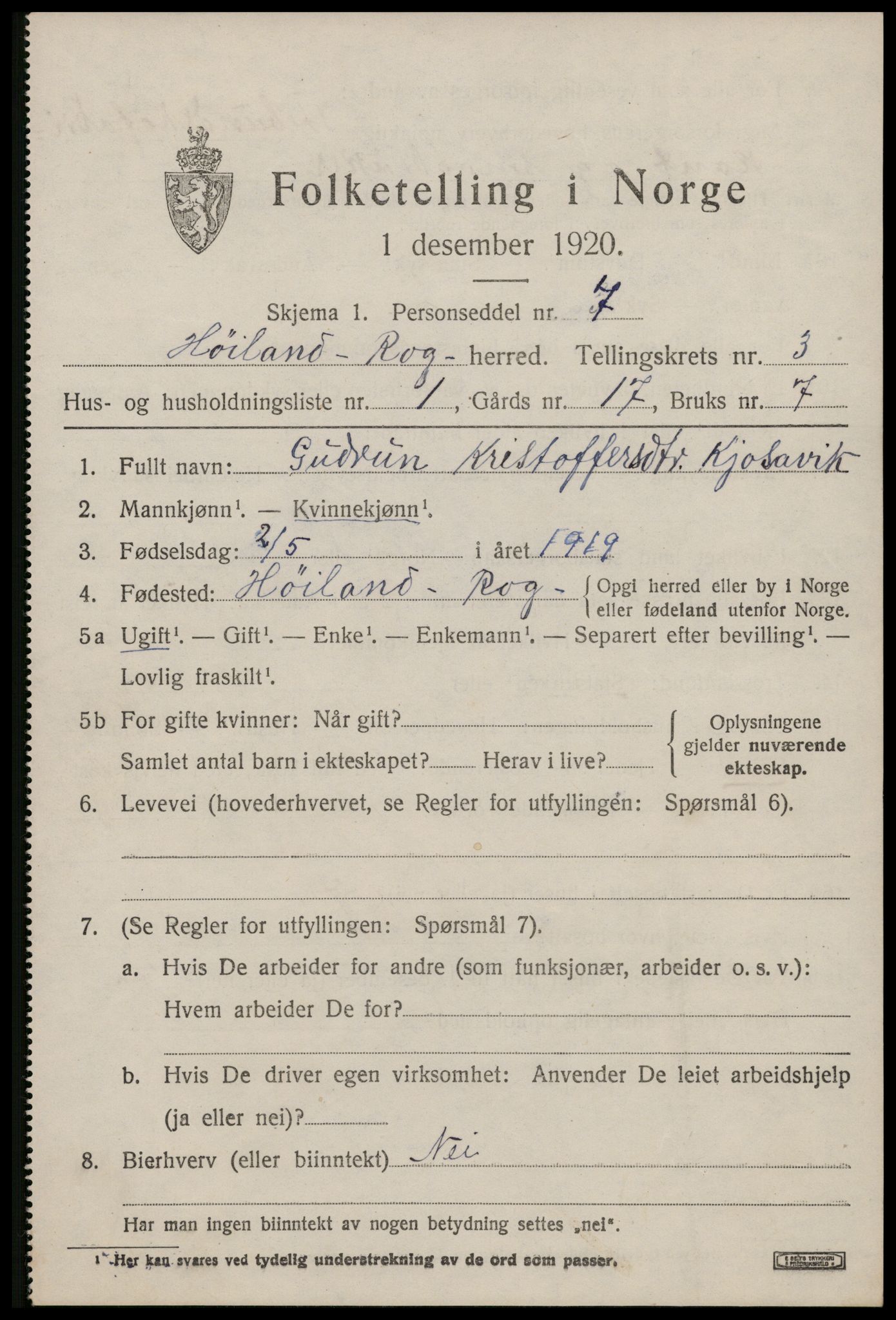 SAST, 1920 census for Høyland, 1920, p. 3026