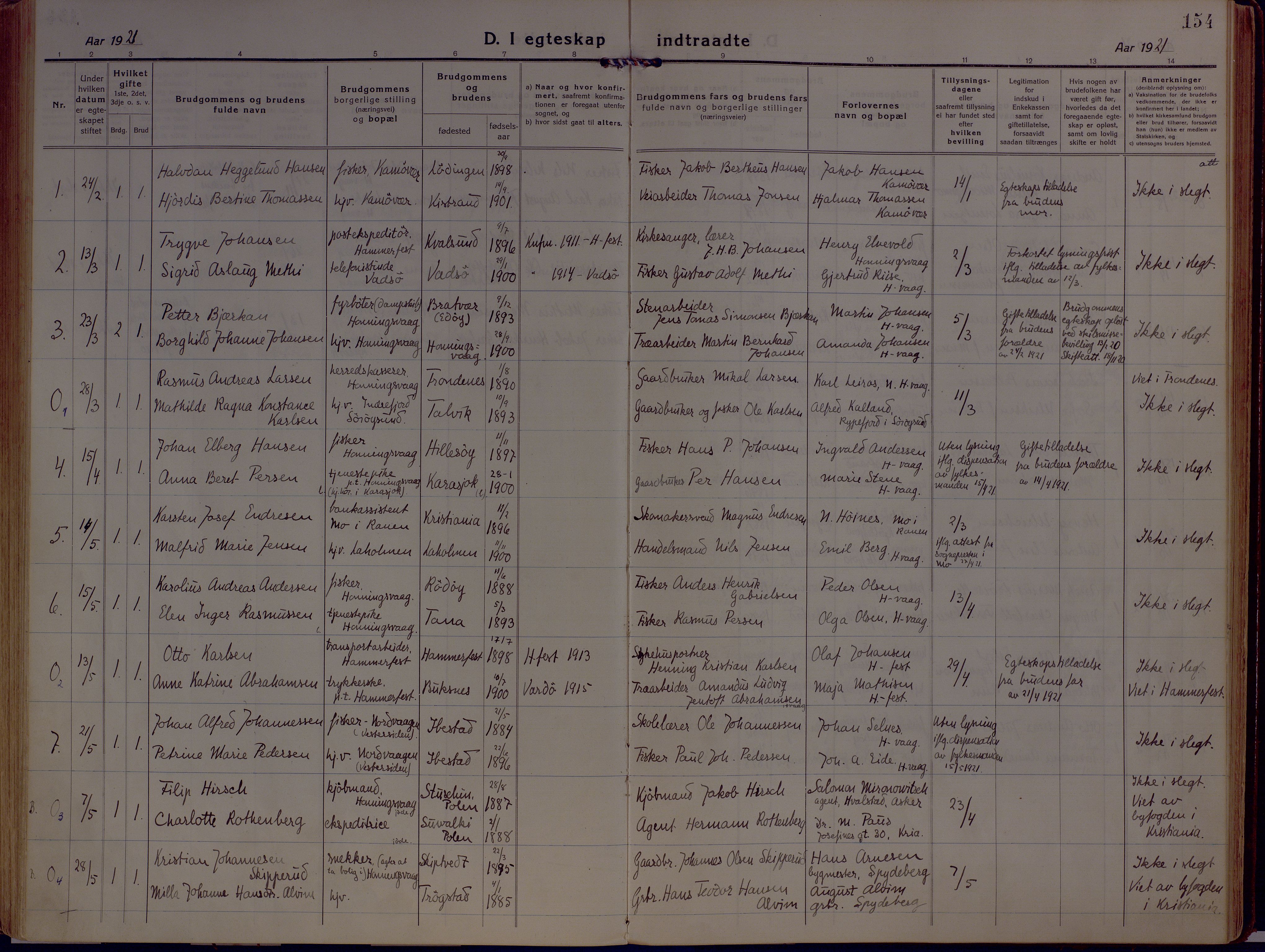 Kjelvik/Nordkapp sokneprestkontor, AV/SATØ-S-1350/H/Ha/L0002kirke: Parish register (official) no. 2, 1920-1929, p. 154