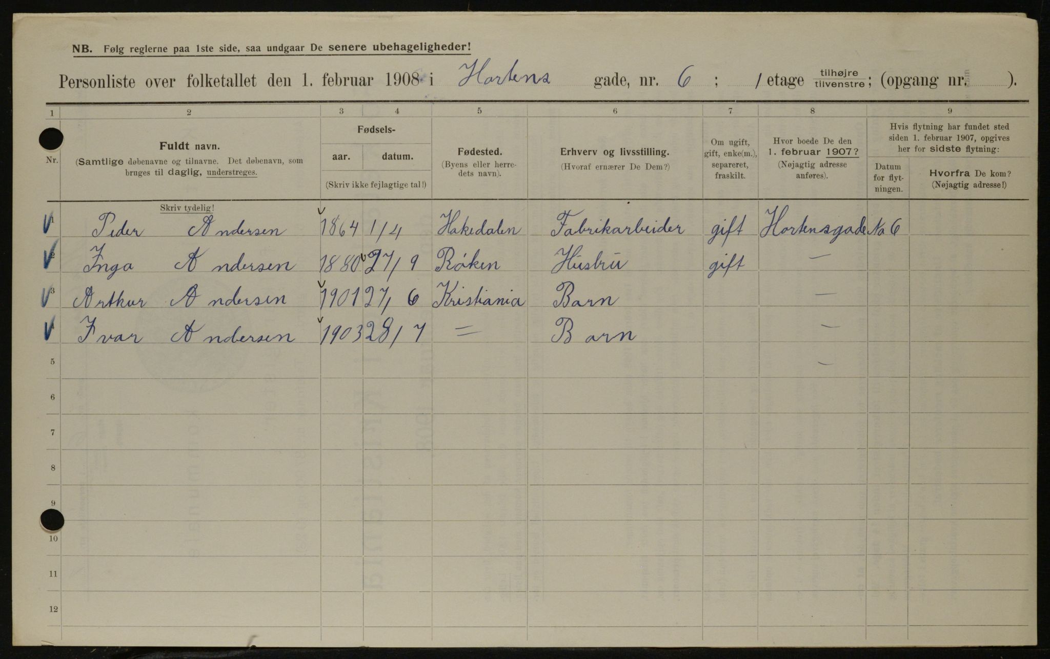 OBA, Municipal Census 1908 for Kristiania, 1908, p. 37263