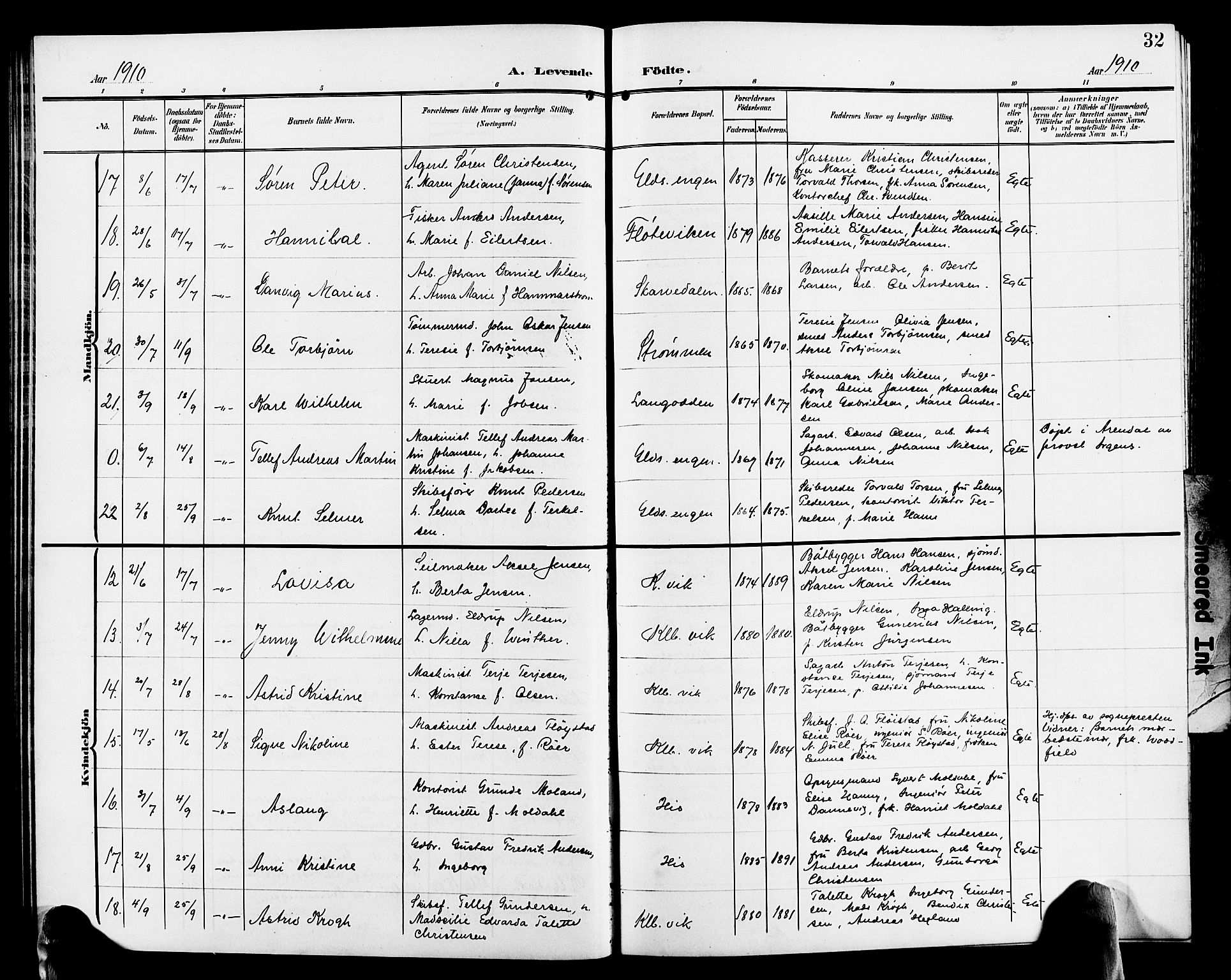 Hisøy sokneprestkontor, AV/SAK-1111-0020/F/Fb/L0004: Parish register (copy) no. B 4, 1905-1923, p. 32