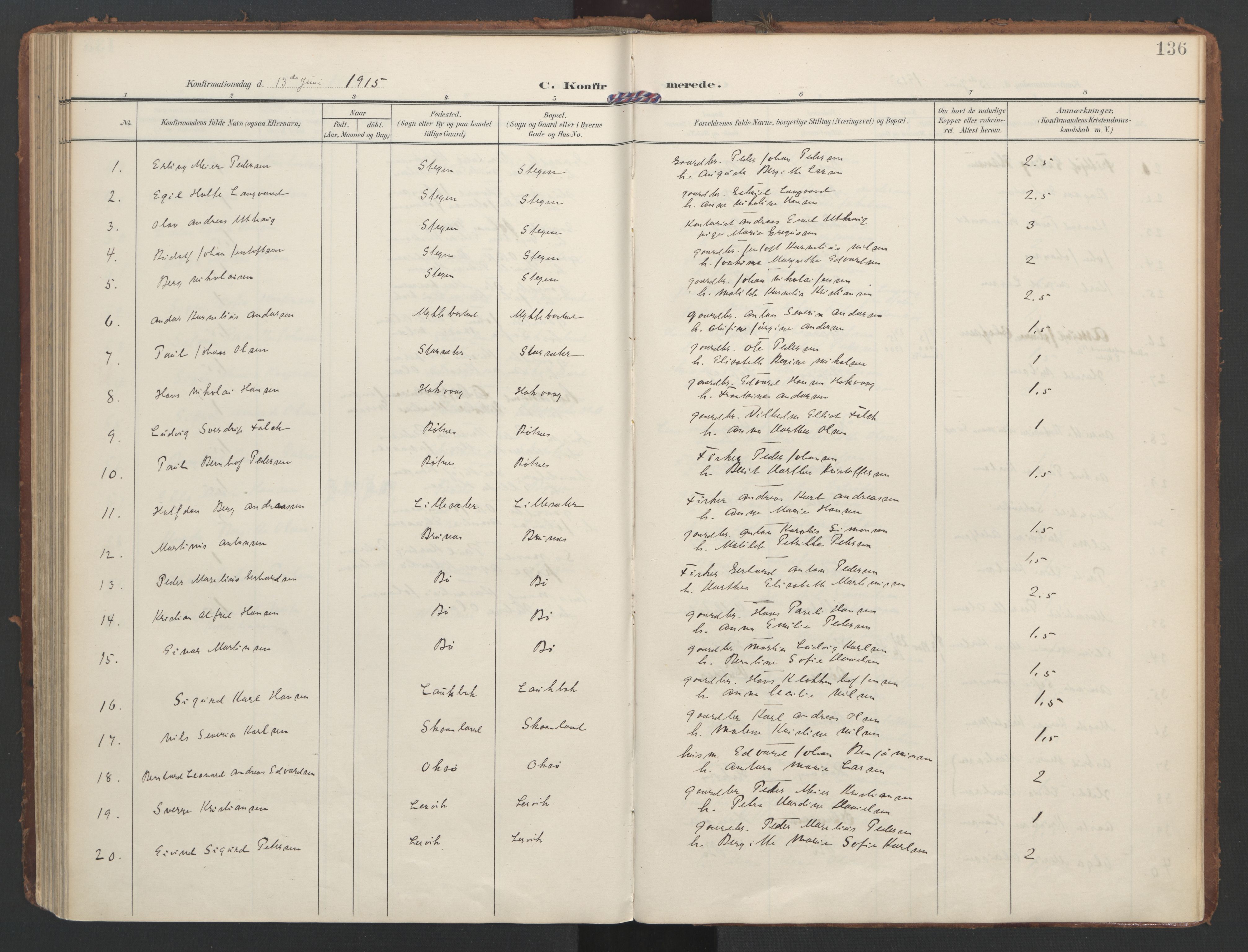 Ministerialprotokoller, klokkerbøker og fødselsregistre - Nordland, AV/SAT-A-1459/855/L0805: Parish register (official) no. 855A13, 1906-1920, p. 136