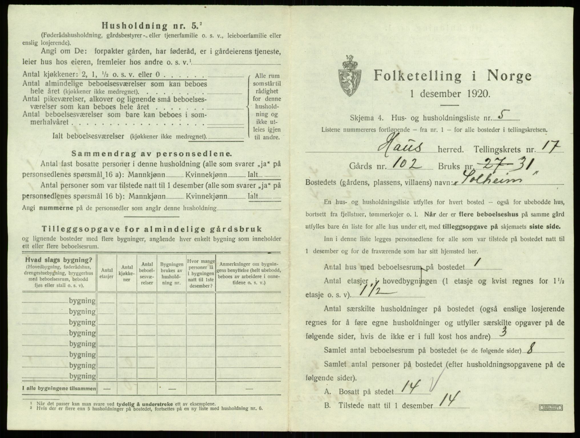 SAB, 1920 census for Haus, 1920, p. 1431