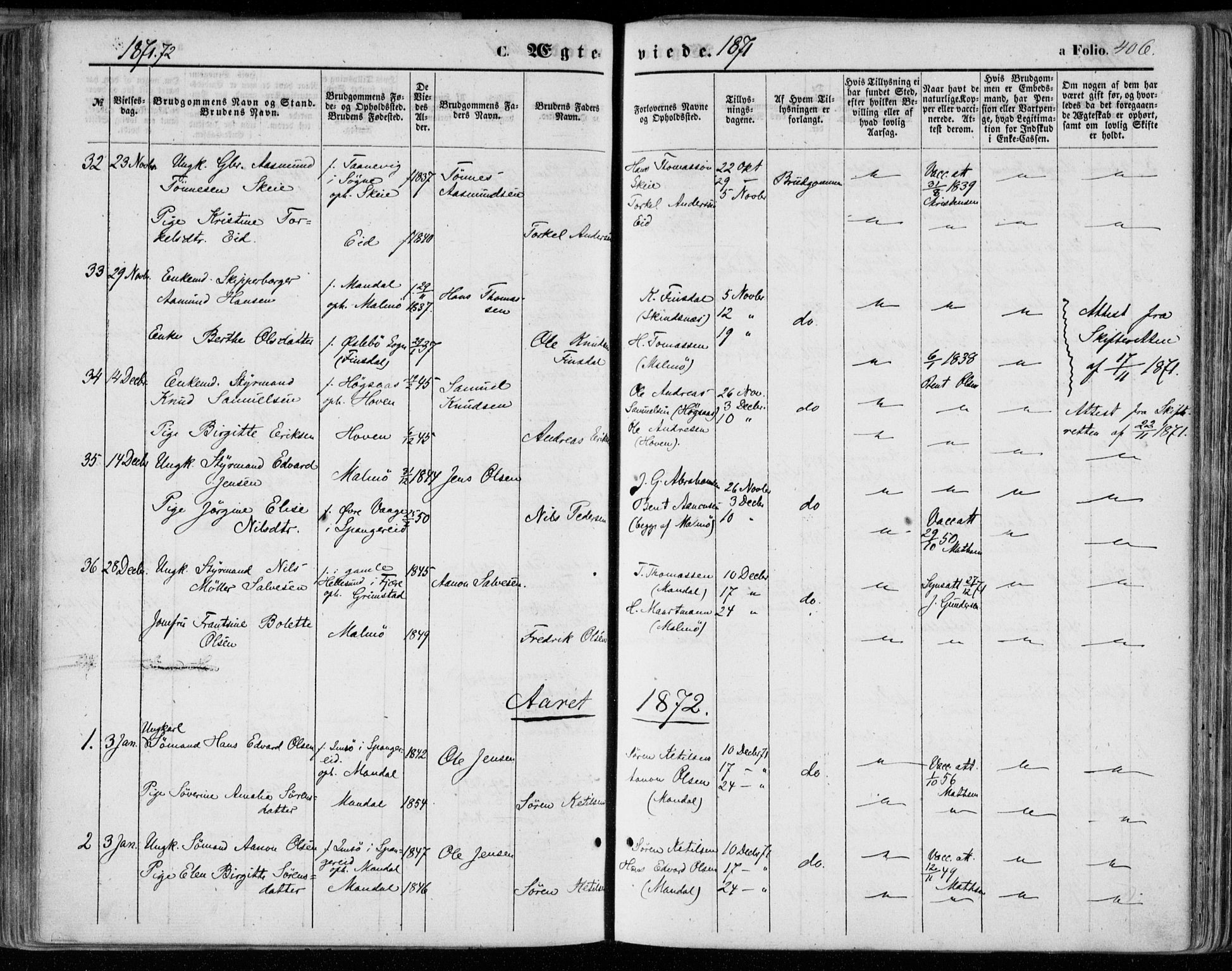 Mandal sokneprestkontor, SAK/1111-0030/F/Fa/Faa/L0014: Parish register (official) no. A 14, 1859-1872, p. 406
