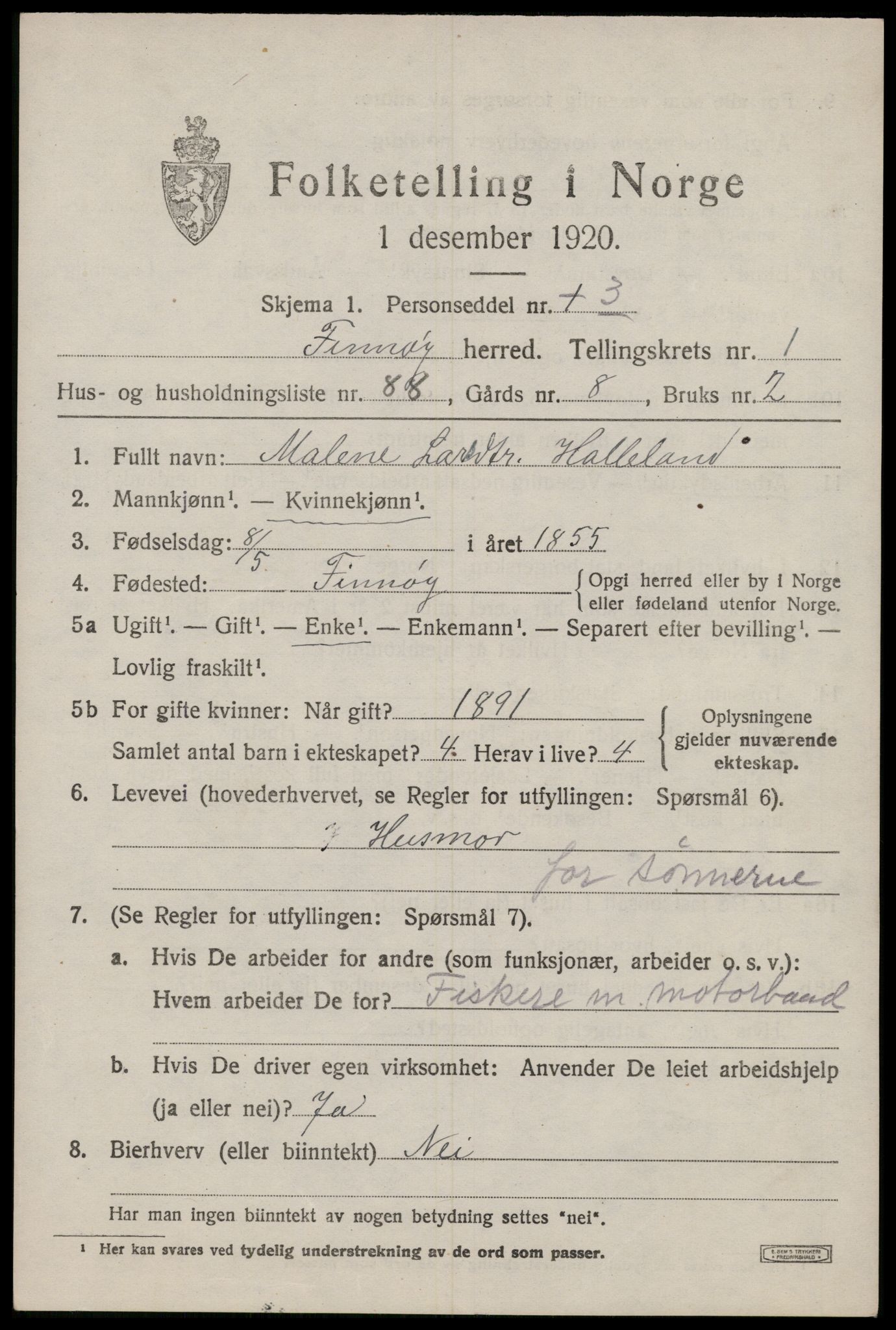 SAST, 1920 census for Finnøy, 1920, p. 1294