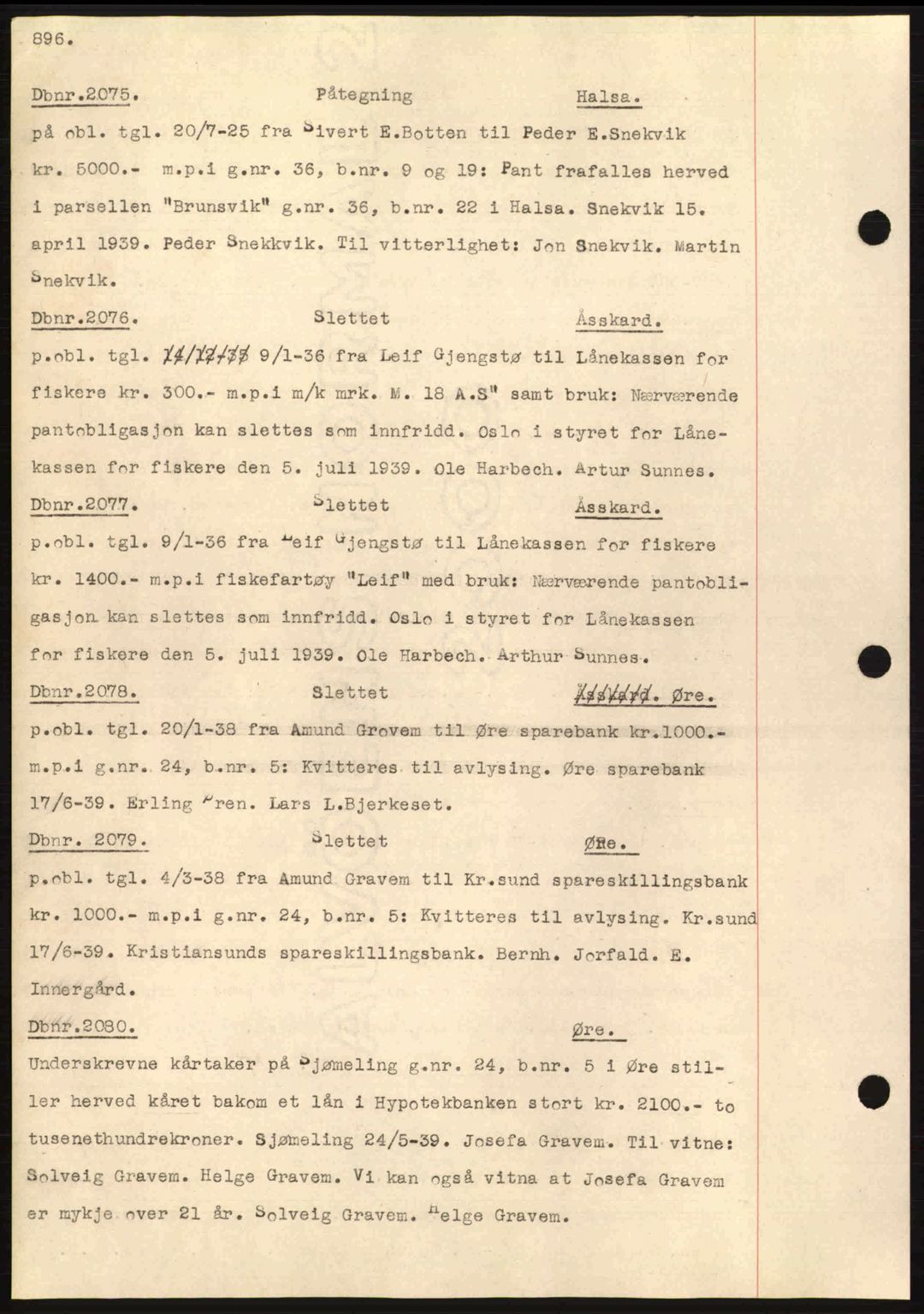 Nordmøre sorenskriveri, AV/SAT-A-4132/1/2/2Ca: Mortgage book no. C80, 1936-1939, Diary no: : 2075/1939