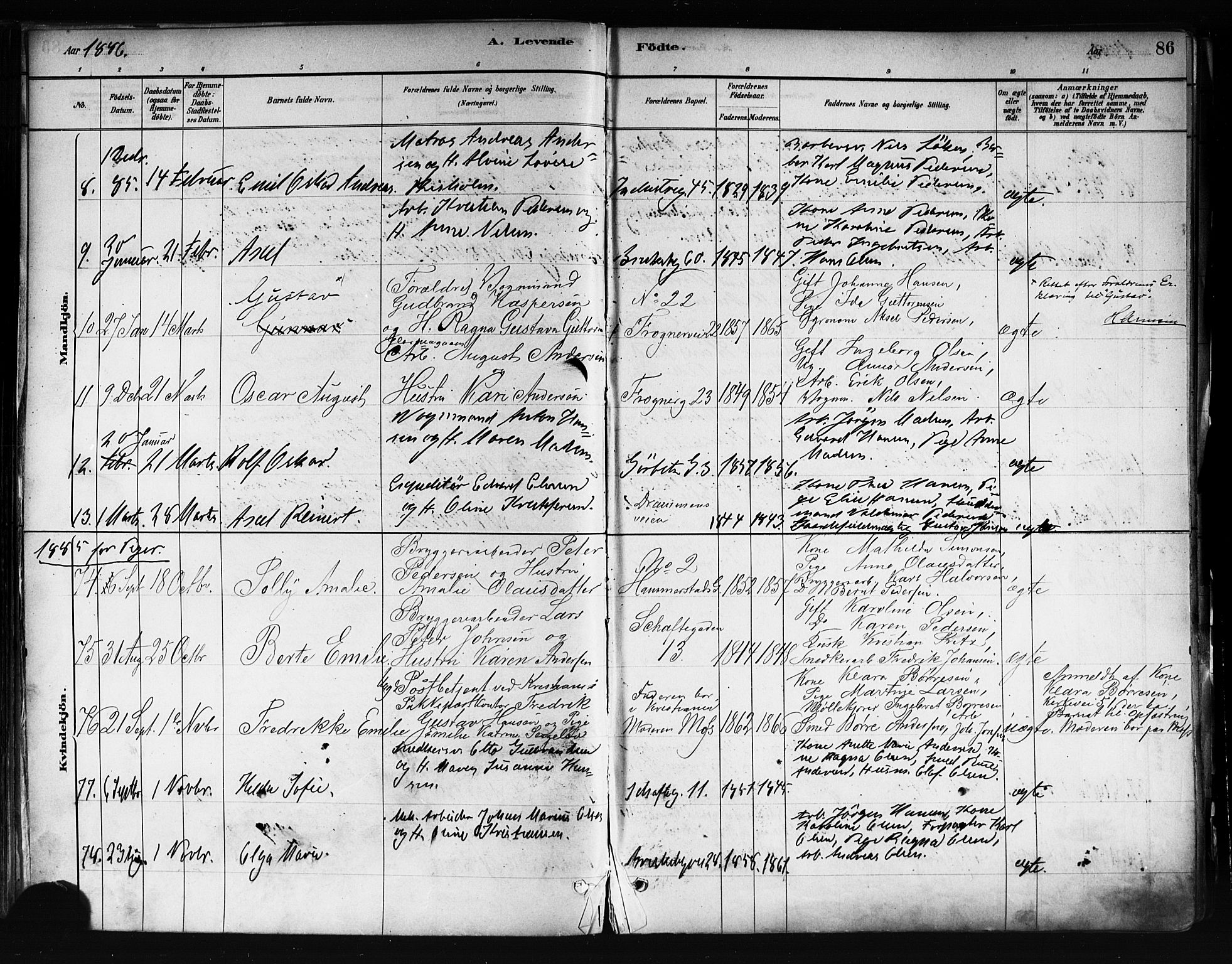 Uranienborg prestekontor Kirkebøker, SAO/A-10877/F/Fa/L0001: Parish register (official) no. 1, 1880-1895, p. 86