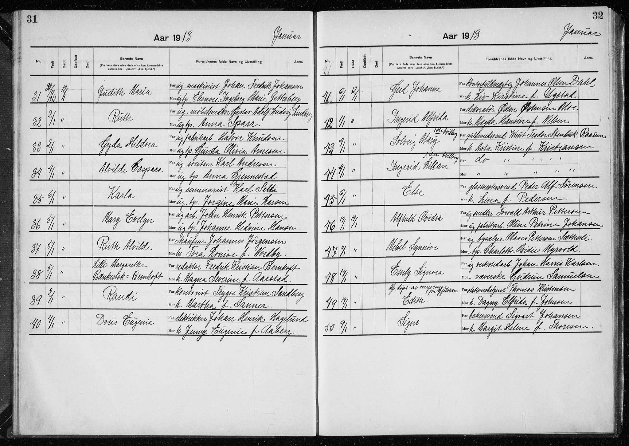 Rikshospitalet prestekontor Kirkebøker, AV/SAO-A-10309b/K/L0007/0002: Baptism register no. 7.2, 1912-1914, p. 31-32