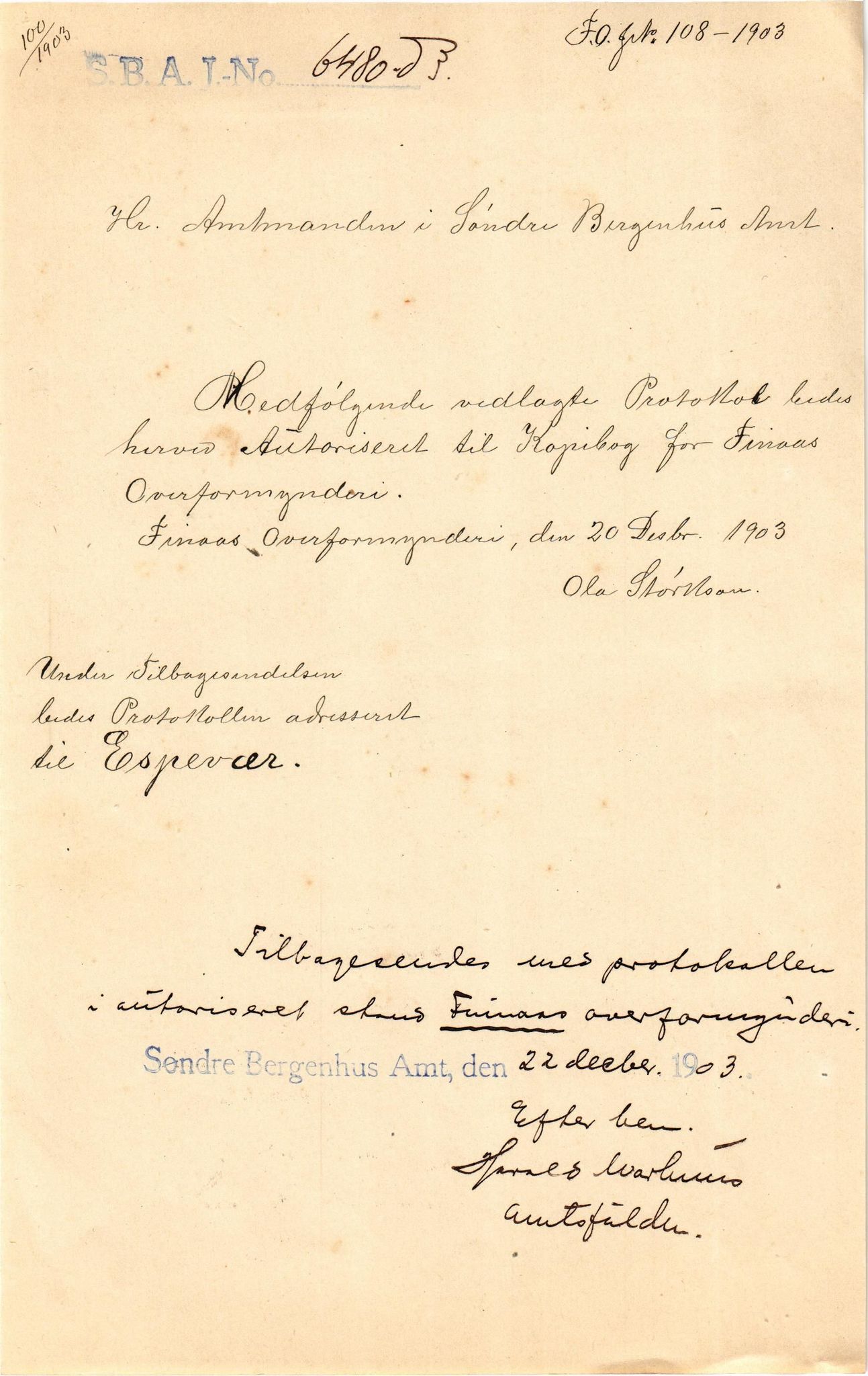 Finnaas kommune. Overformynderiet, IKAH/1218a-812/D/Da/Daa/L0002/0002: Kronologisk ordna korrespondanse / Kronologisk ordna korrespondanse, 1901-1904, p. 154