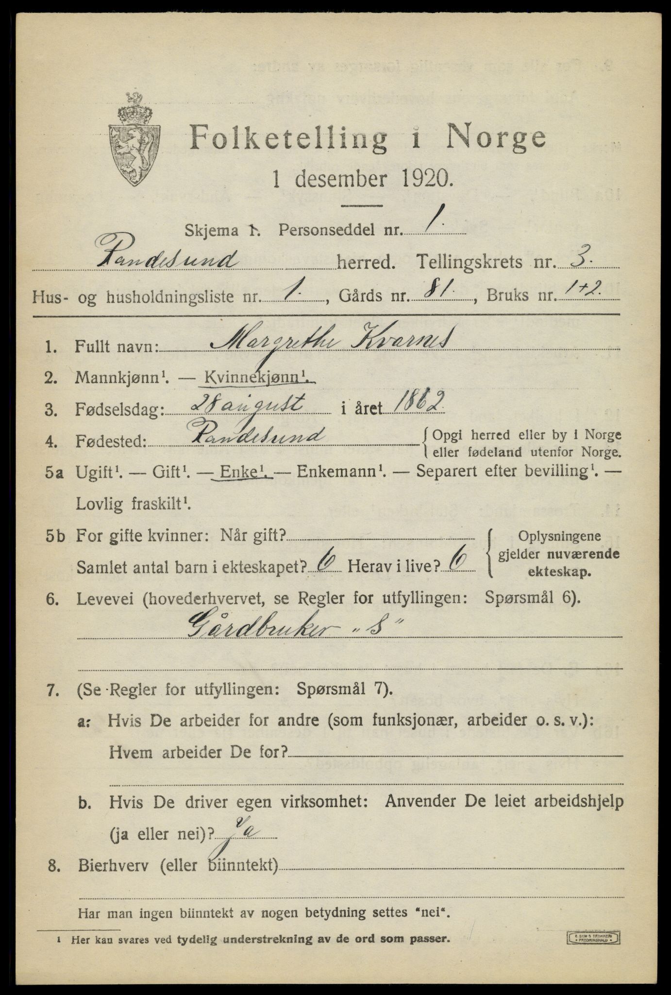 SAK, 1920 census for Randesund, 1920, p. 1452