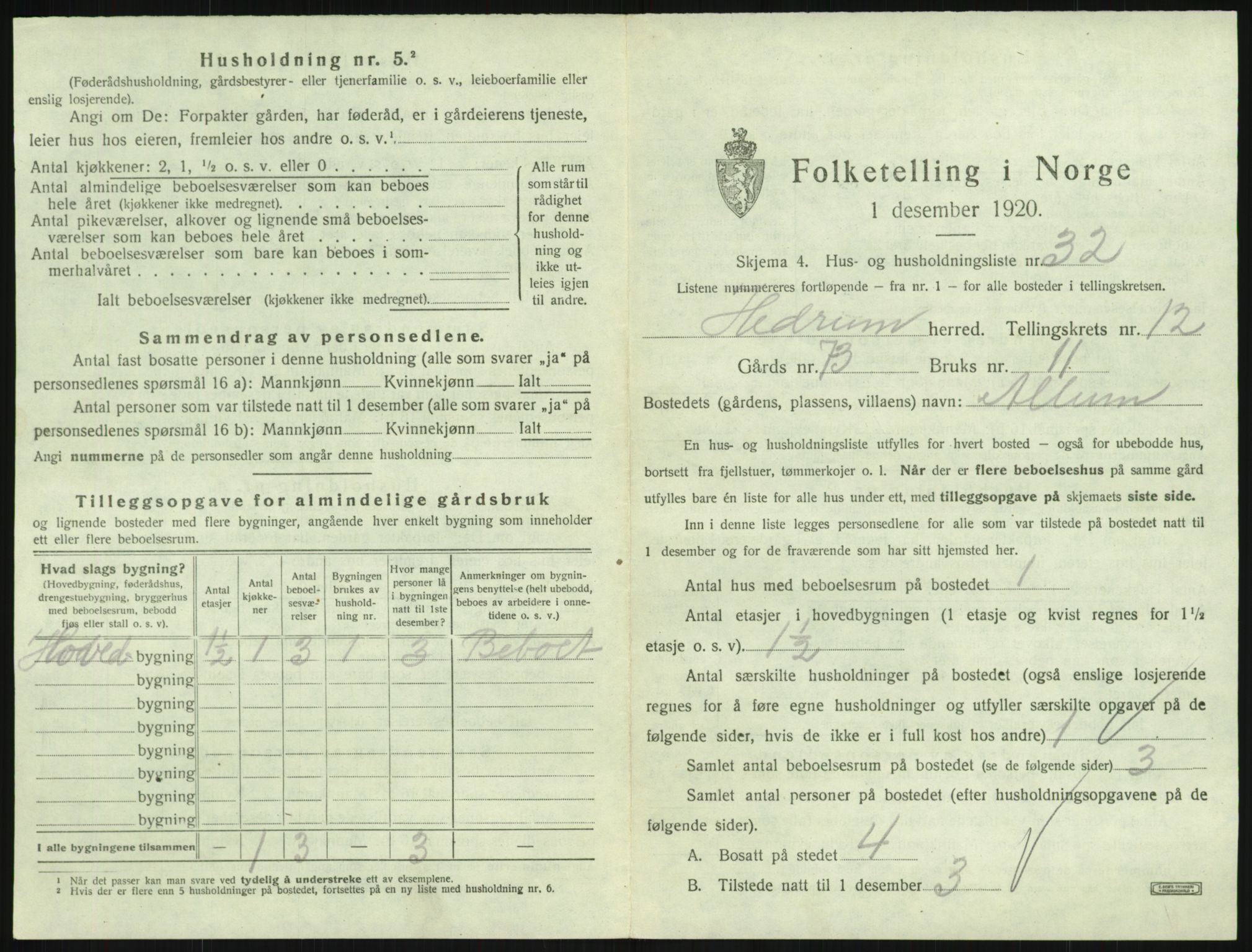 SAKO, 1920 census for Hedrum, 1920, p. 1141