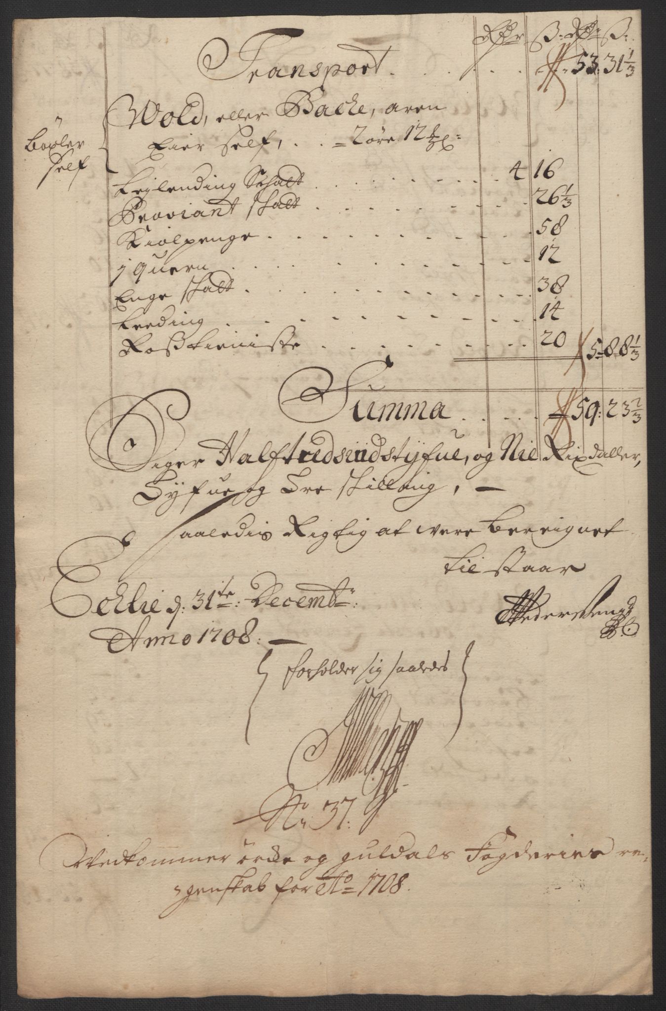 Rentekammeret inntil 1814, Reviderte regnskaper, Fogderegnskap, RA/EA-4092/R60/L3958: Fogderegnskap Orkdal og Gauldal, 1708, p. 405