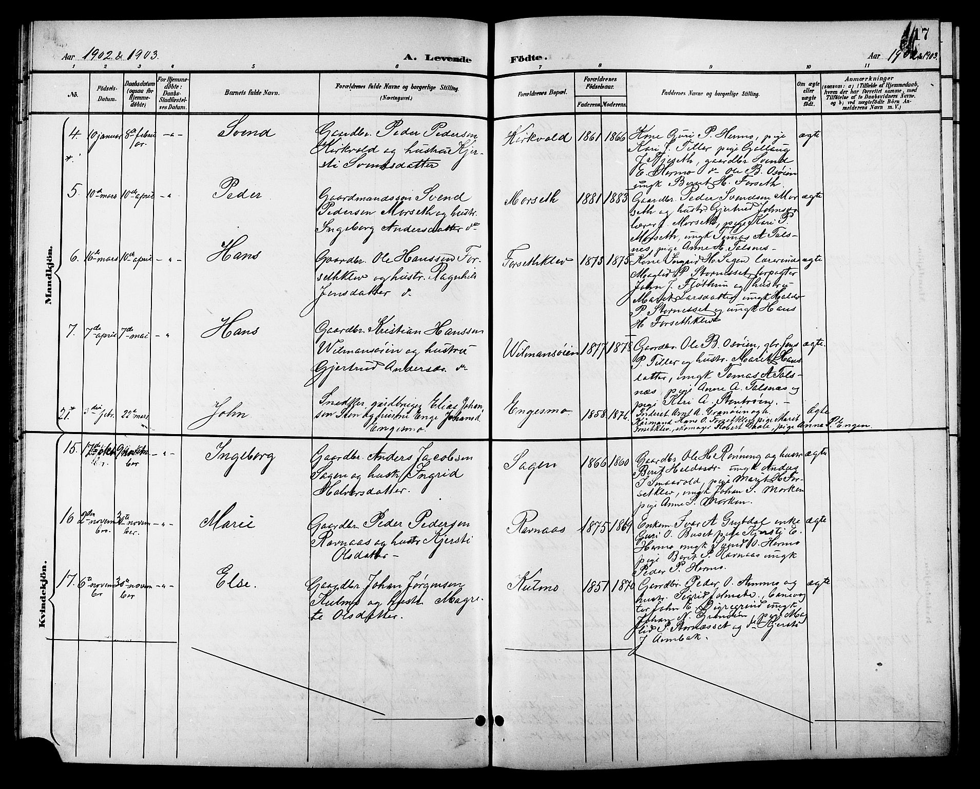 Ministerialprotokoller, klokkerbøker og fødselsregistre - Sør-Trøndelag, SAT/A-1456/688/L1029: Parish register (copy) no. 688C04, 1899-1915, p. 17