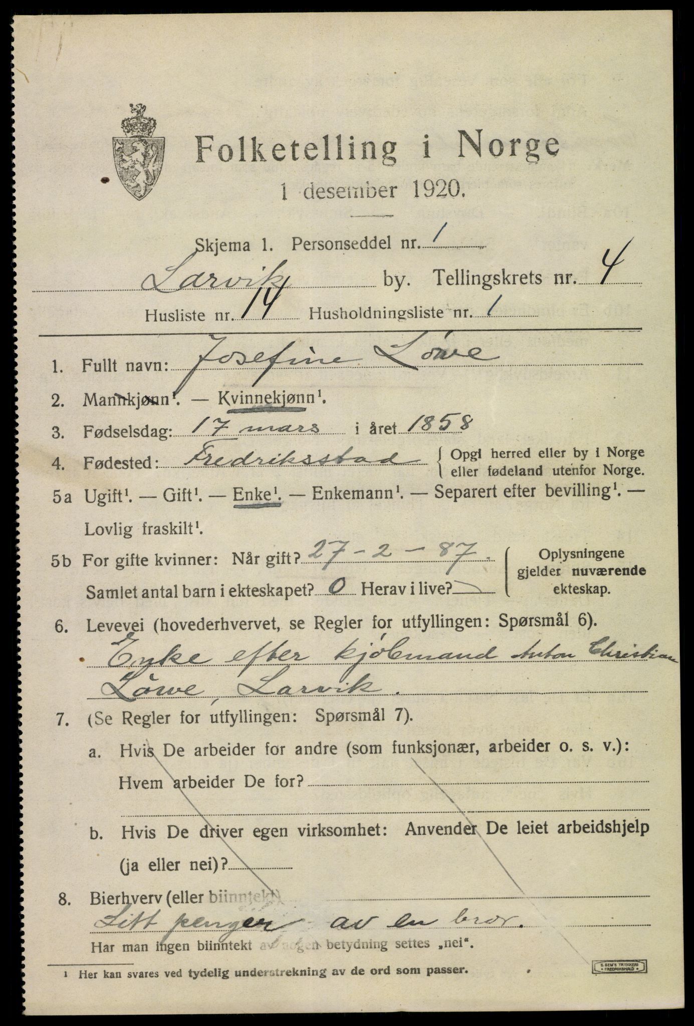 SAKO, 1920 census for Larvik, 1920, p. 13656