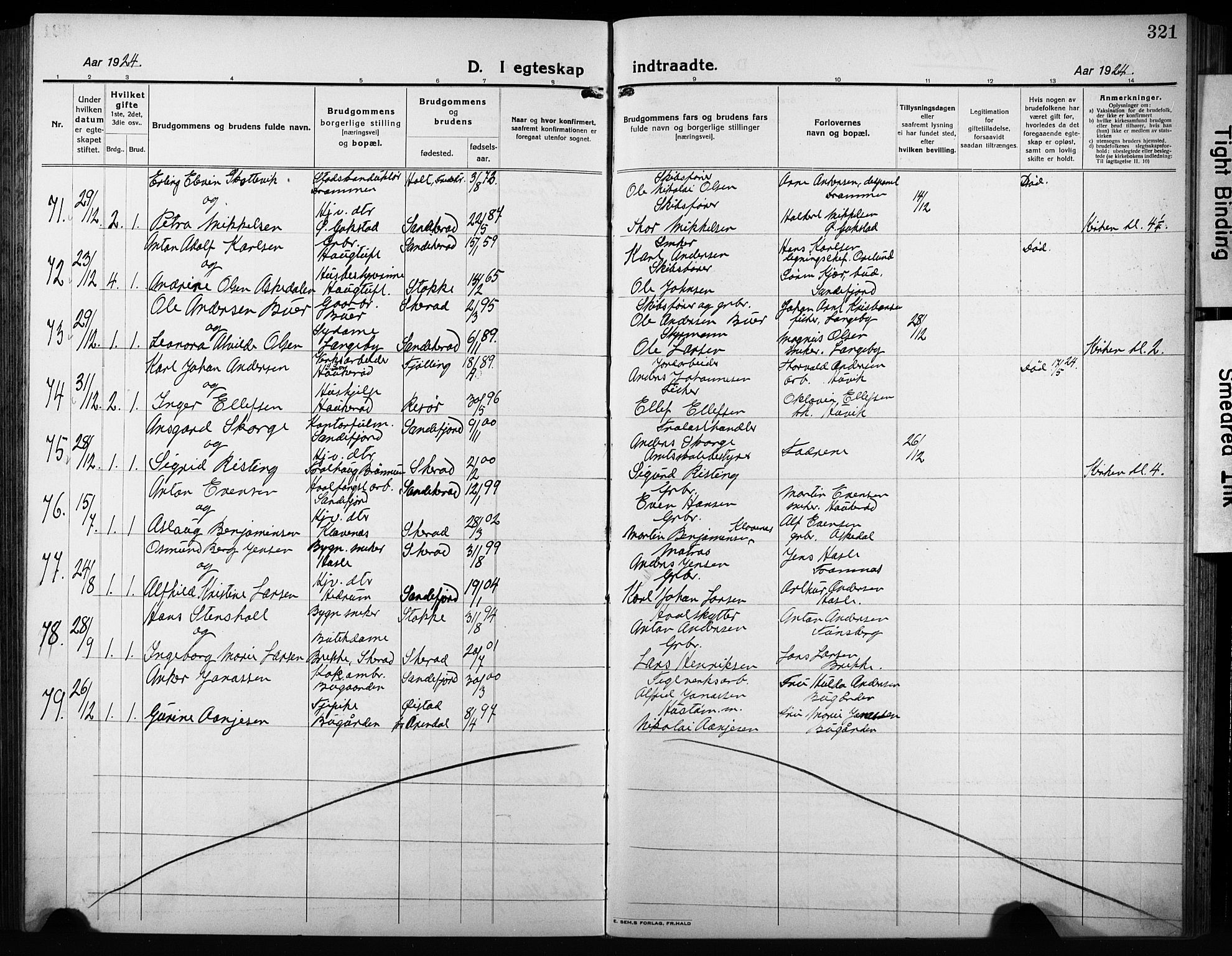 Sandar kirkebøker, AV/SAKO-A-243/G/Ga/L0004: Parish register (copy) no. 4, 1922-1932, p. 321