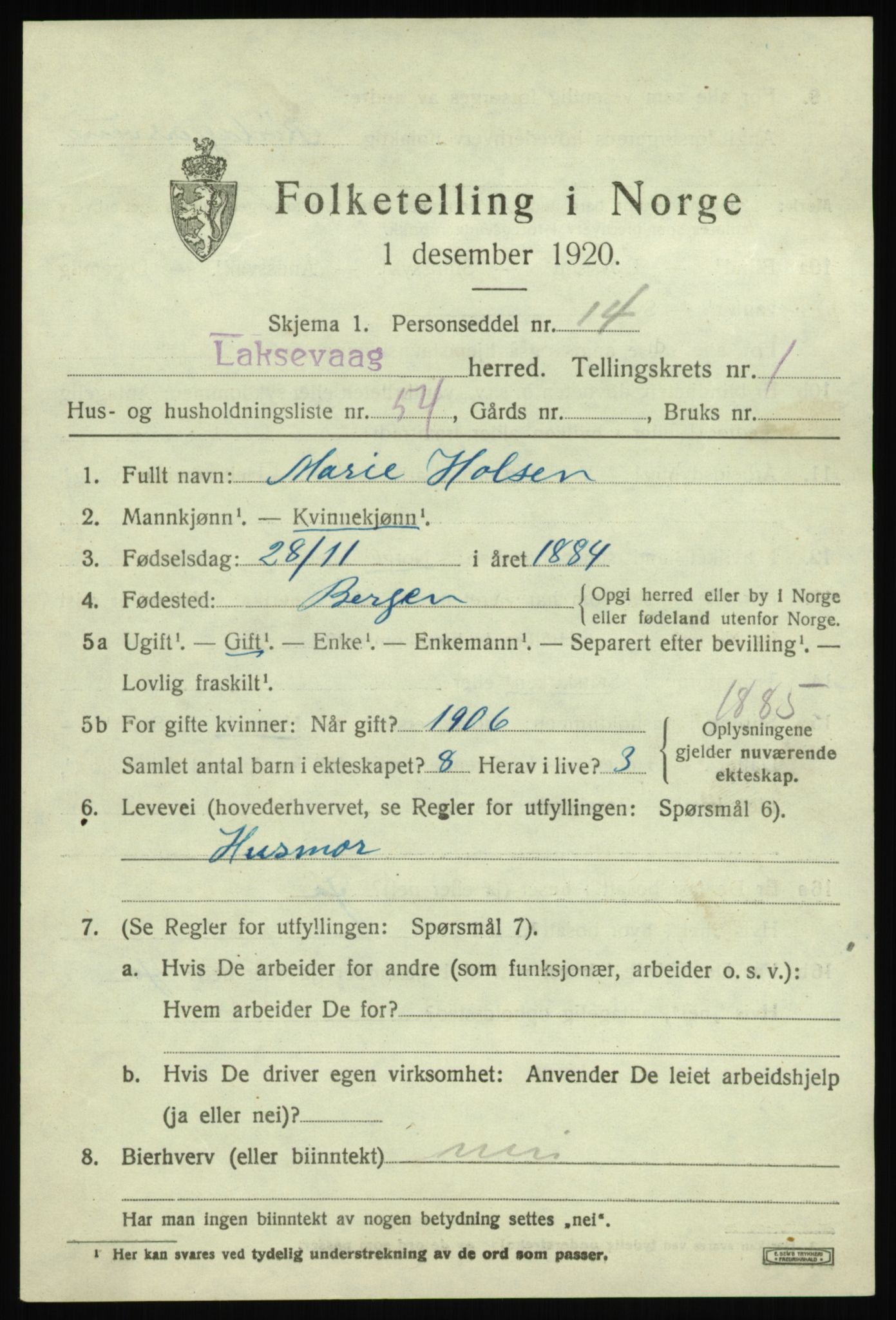 SAB, 1920 census for Laksevåg, 1920, p. 3794