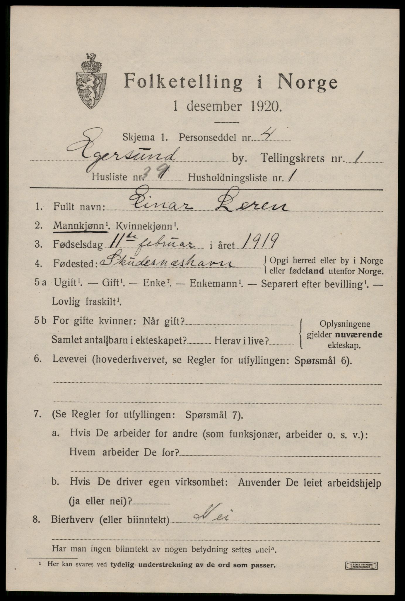 SAST, 1920 census for Egersund town, 1920, p. 3210