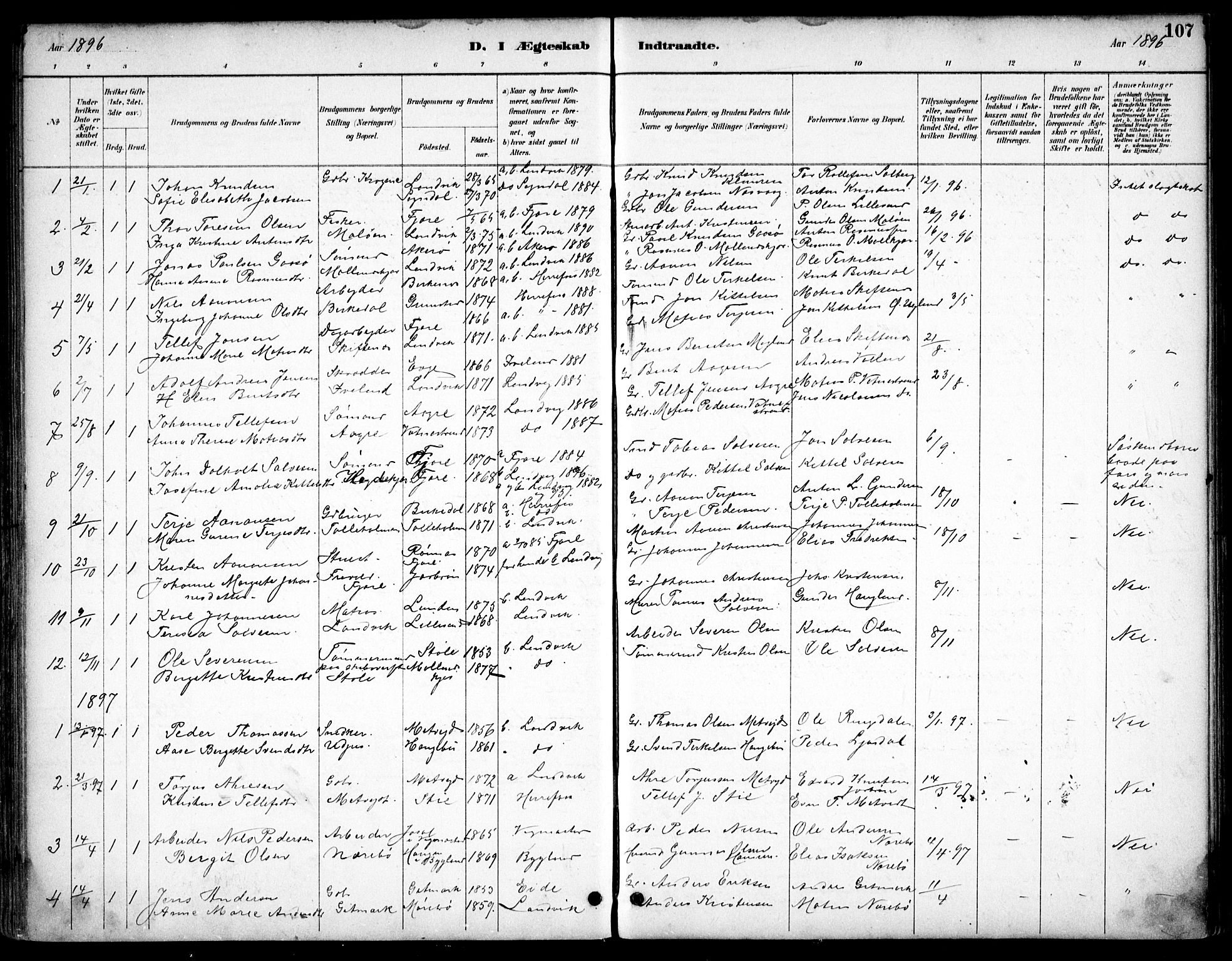 Hommedal sokneprestkontor, AV/SAK-1111-0023/F/Fb/Fbb/L0007: Parish register (copy) no. B 7, 1885-1904, p. 107