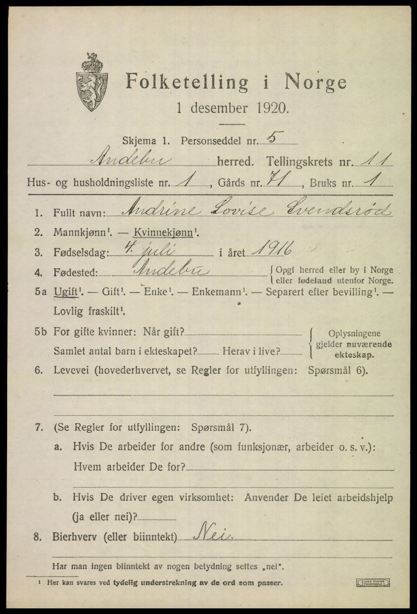 SAKO, 1920 census for Andebu, 1920, p. 4122