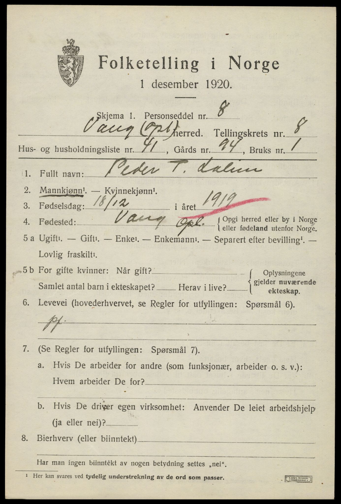 SAH, 1920 census for Vang (Oppland), 1920, p. 3853