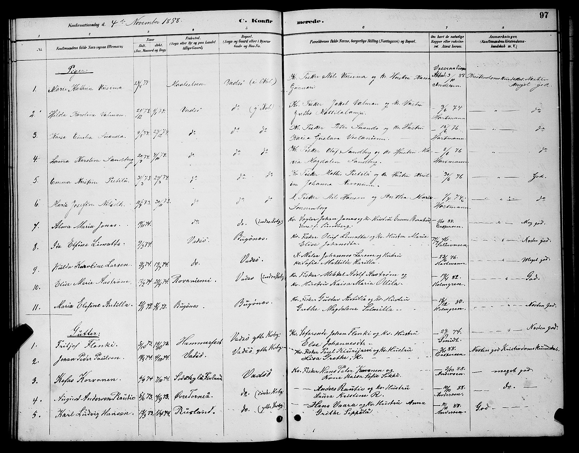 Vadsø sokneprestkontor, AV/SATØ-S-1325/H/Hb/L0004klokker: Parish register (copy) no. 4, 1885-1895, p. 97